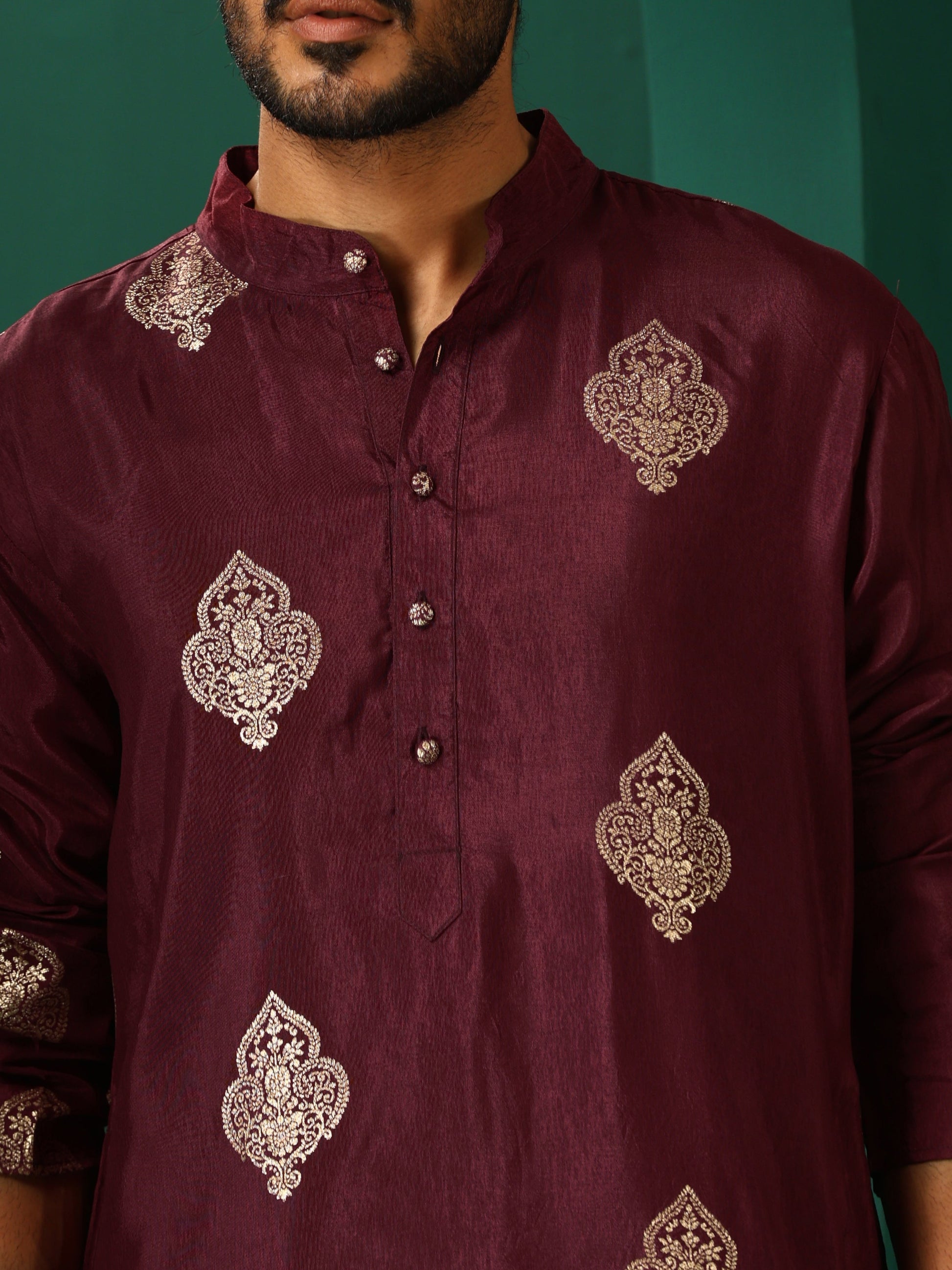trueBrowns Men's Wine Geometric Viscose Silk Long Kurta | Swadesiicart