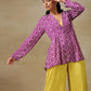 trueBrowns Lime Green Bandhani Printed Silk Top Pant with Purple Printed Jacket Set | Swadesiicart