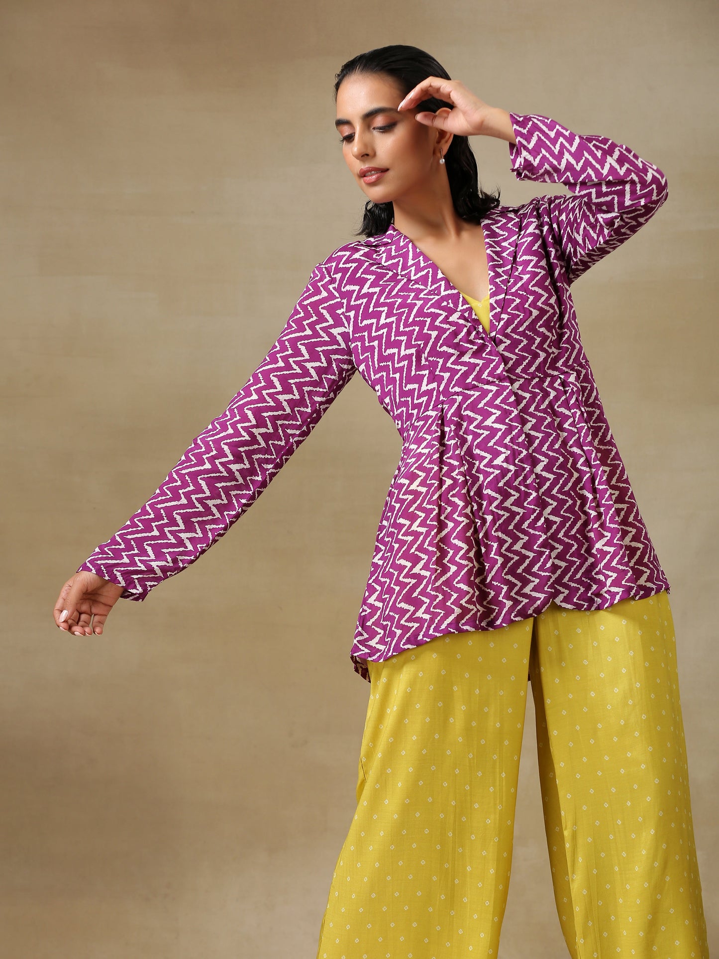 trueBrowns Lime Green Bandhani Printed Silk Top Pant with Purple Printed Jacket Set | Swadesiicart