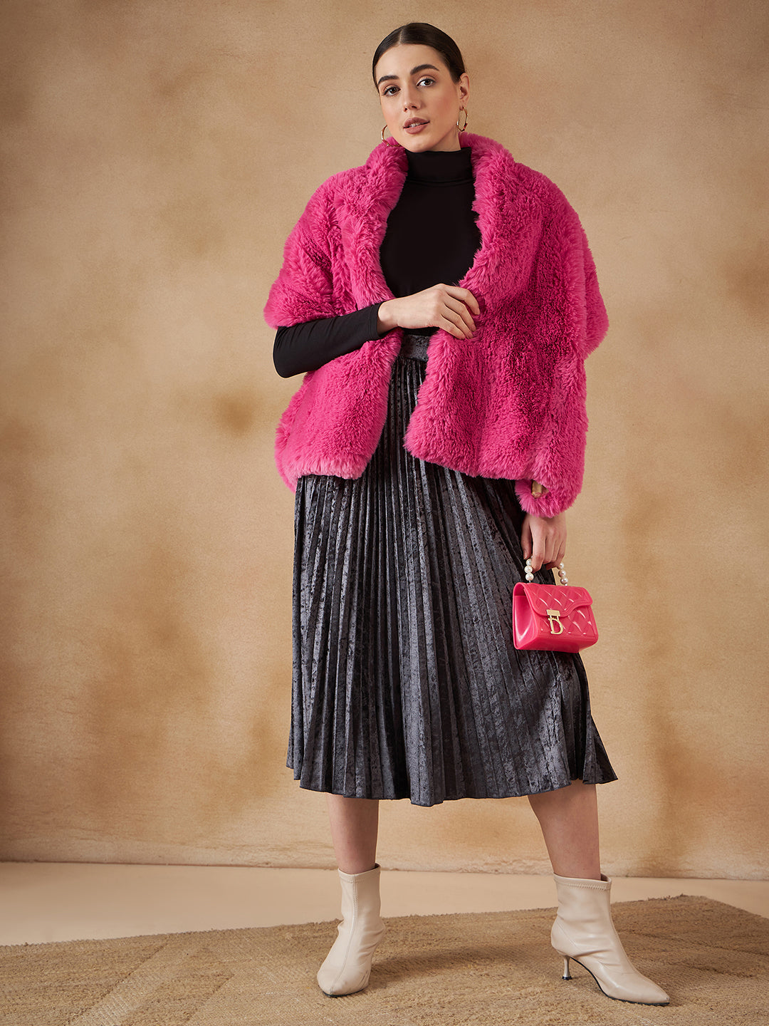 InWeave Women's Light Pink Long Faux Fur Cape - Swadesiicart
