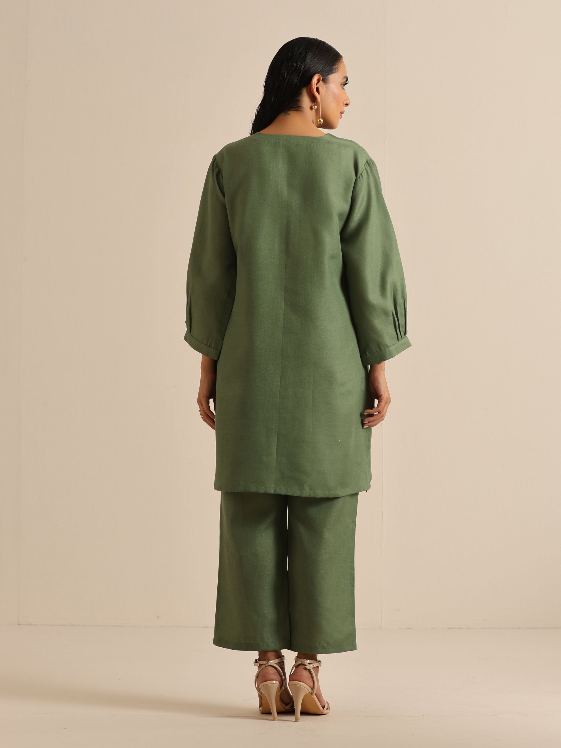 trueBrowns Olive Green Slub Relaxed Placket Co-Ord Set - Swadesiicart