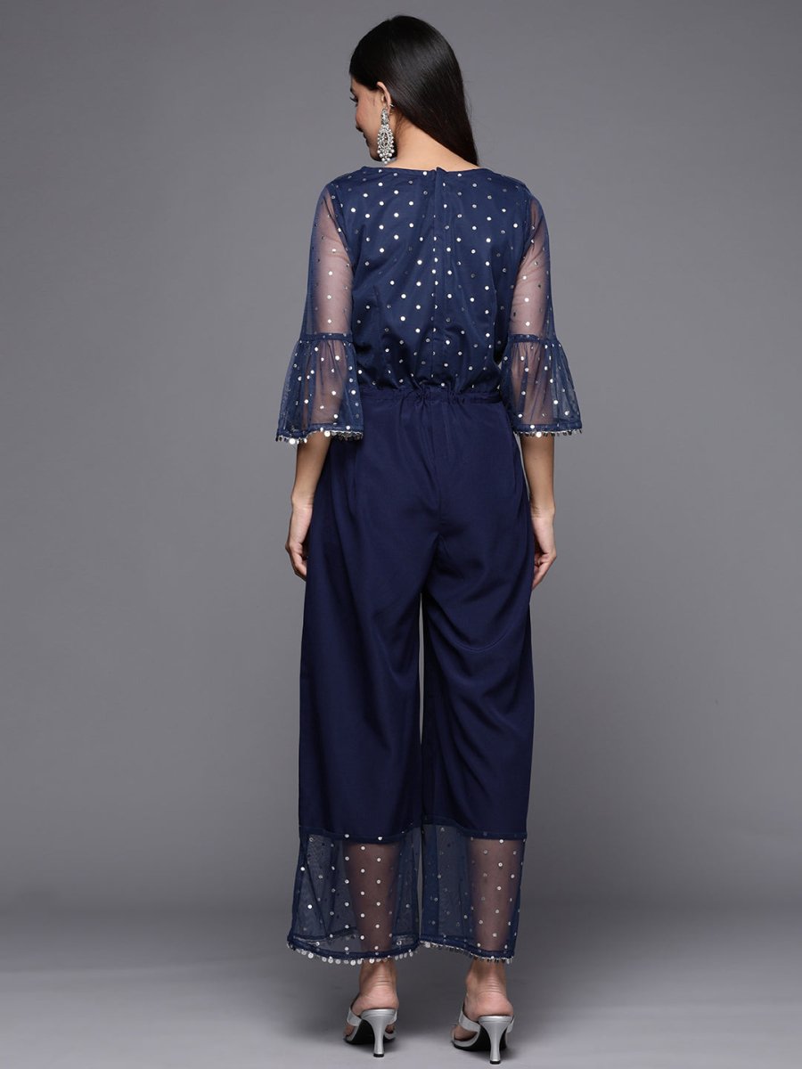 Ahalyaa Printed Bell Sleeves Crepe Basic Jumpsuit With Waist Tie-Ups | Swadesiicart