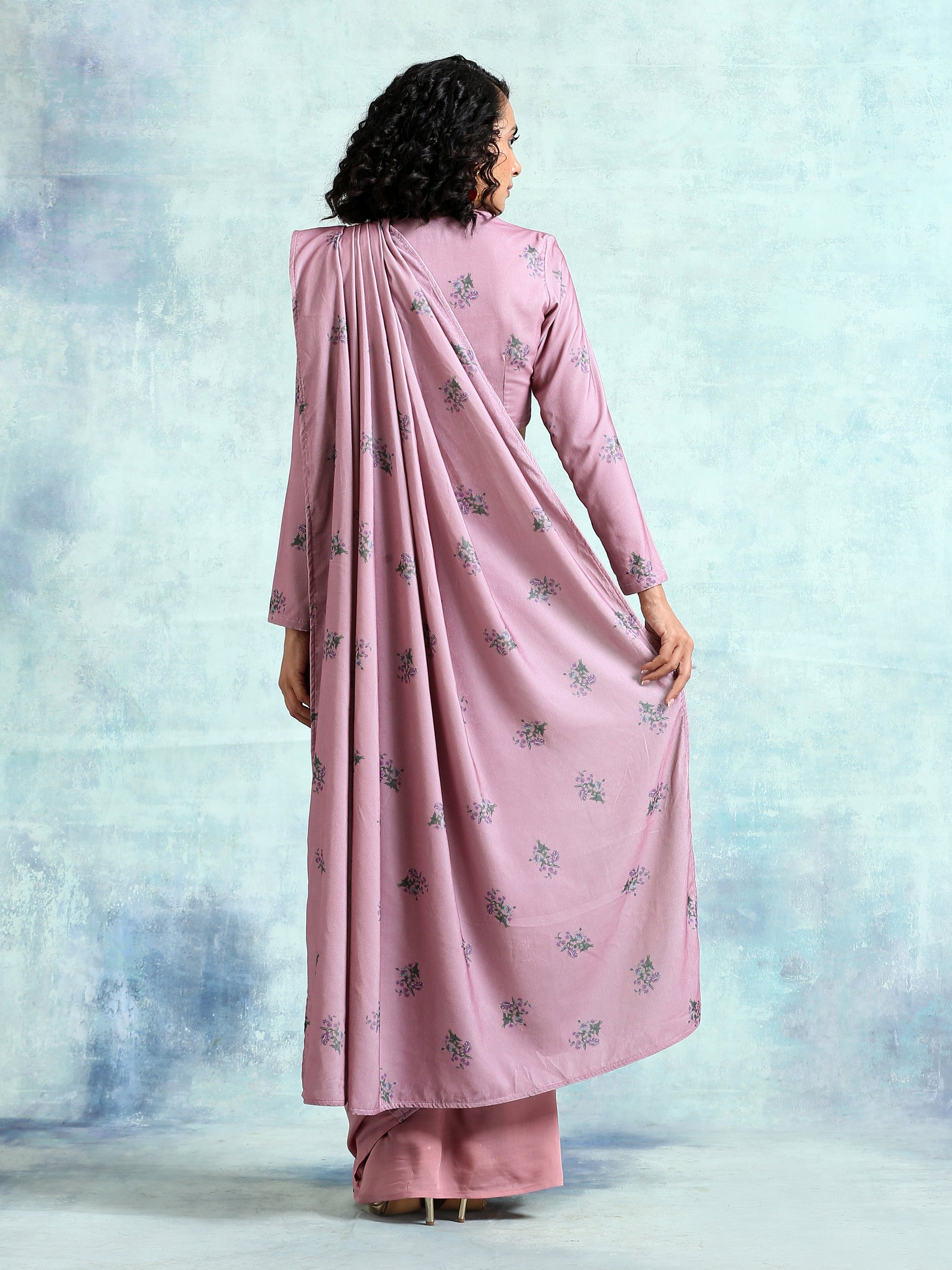 trueBrowns Light Mauve Printed Velvet Ready to Wear Saree | Swadesiicart