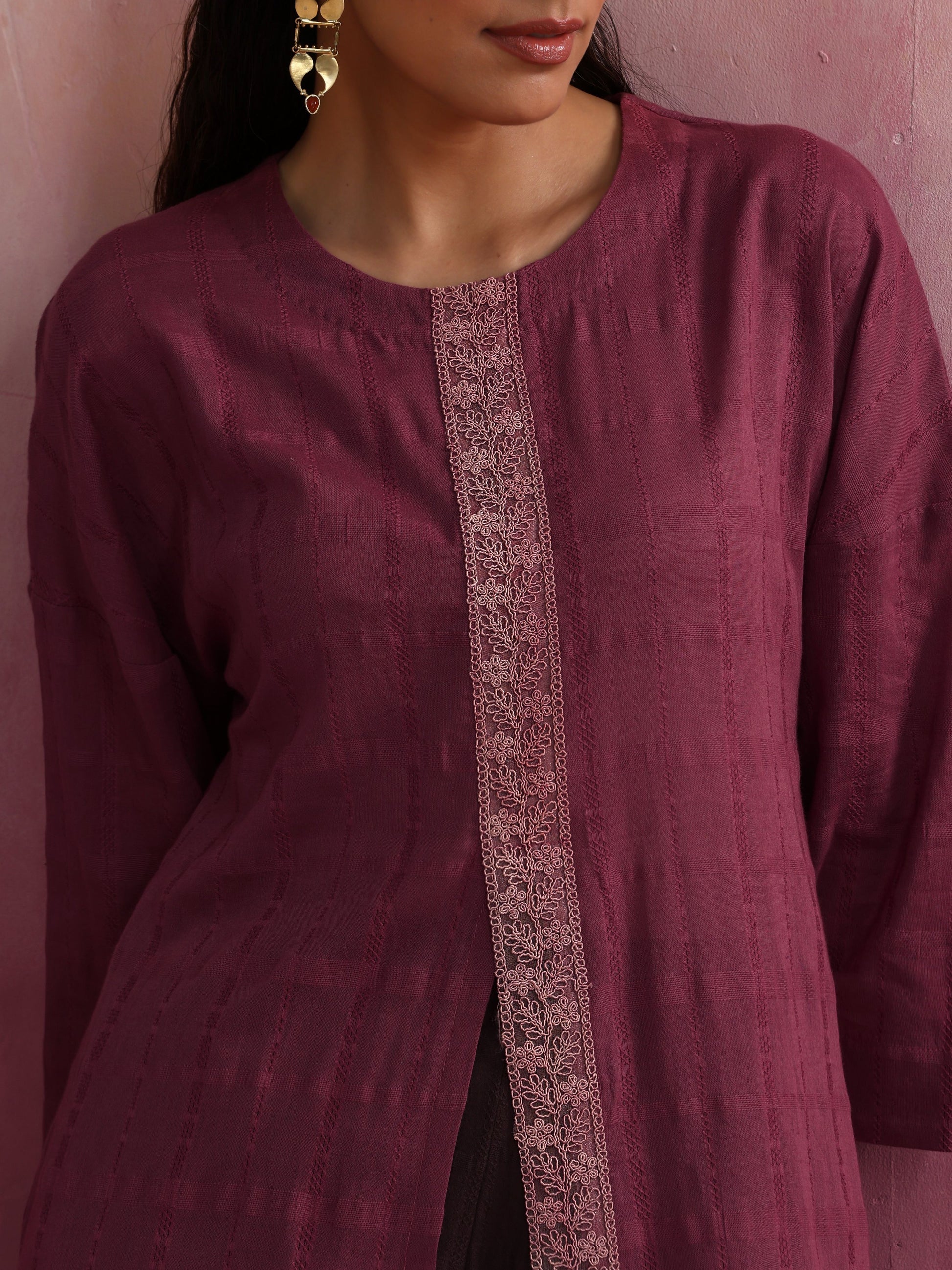 trueBrowns Mauve Cotton Dobby Front Slit Kurta Set | Swadesiicart