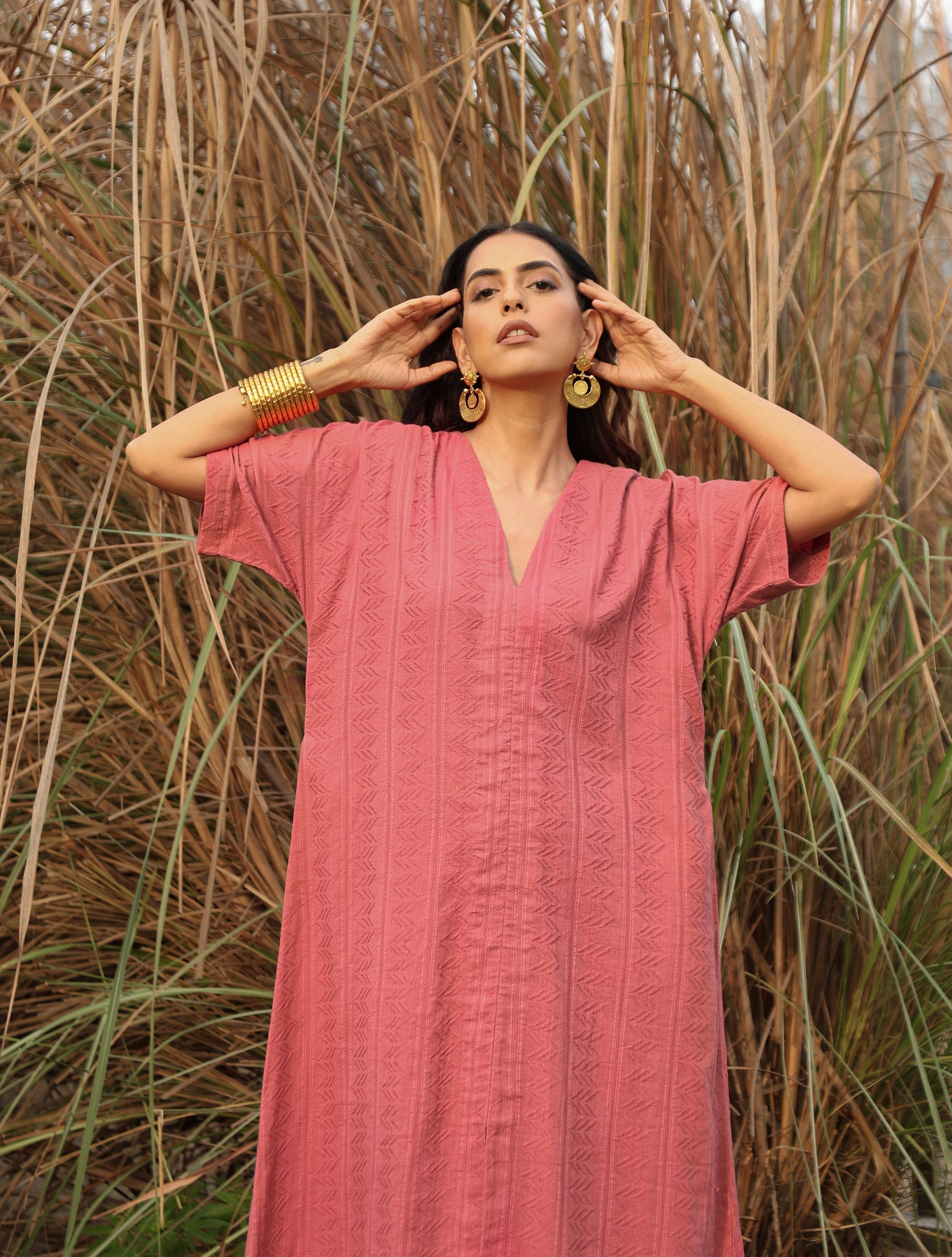 trueBrowns Coral Cotton Dobby Front Slit Dress | Swadesiicart