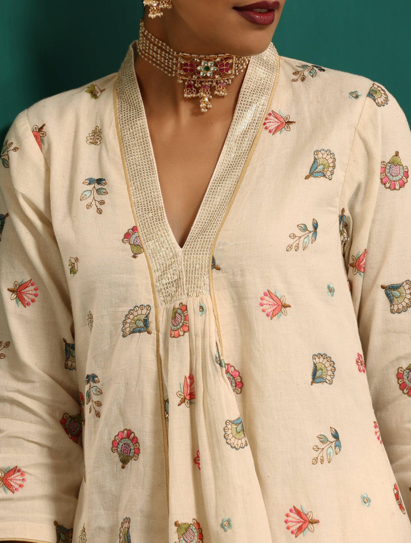trueBrowns Ivory Multi Color Floral Cotton Front Gathered Kurta Pant Set | Swadesiicart