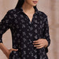 trueBrowns Black White Floral Print Cotton Collar Short Co-Ord Set - Swadesiicart