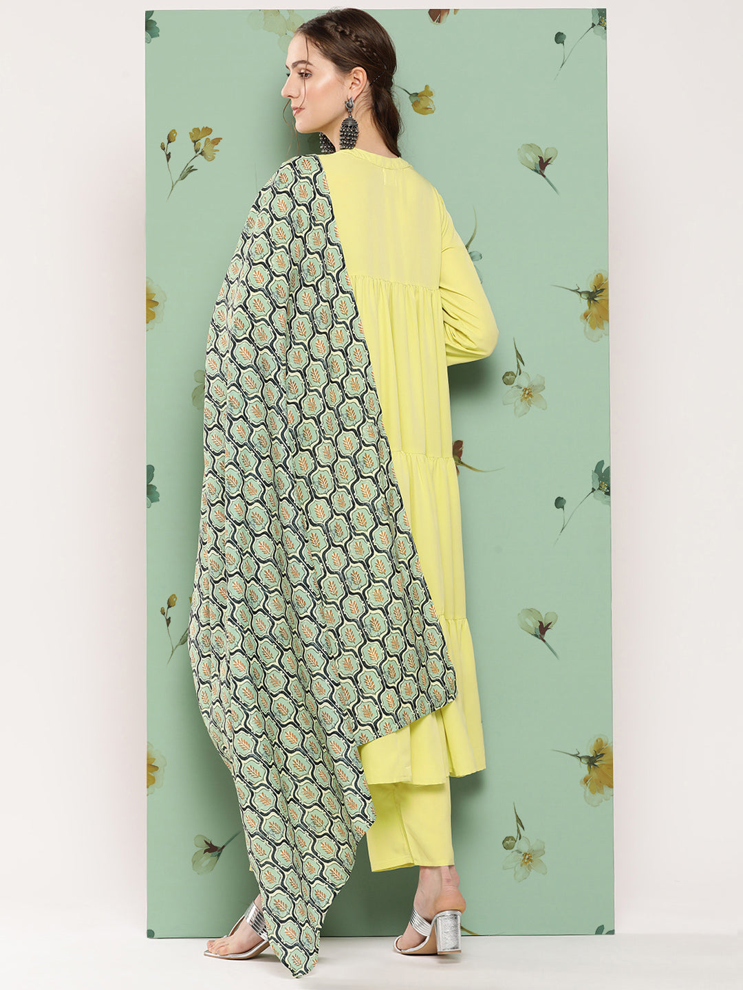 InWeave Women's Lime Green Flared Kurta Set W Green Print Cr Dupatta - Swadesiicart