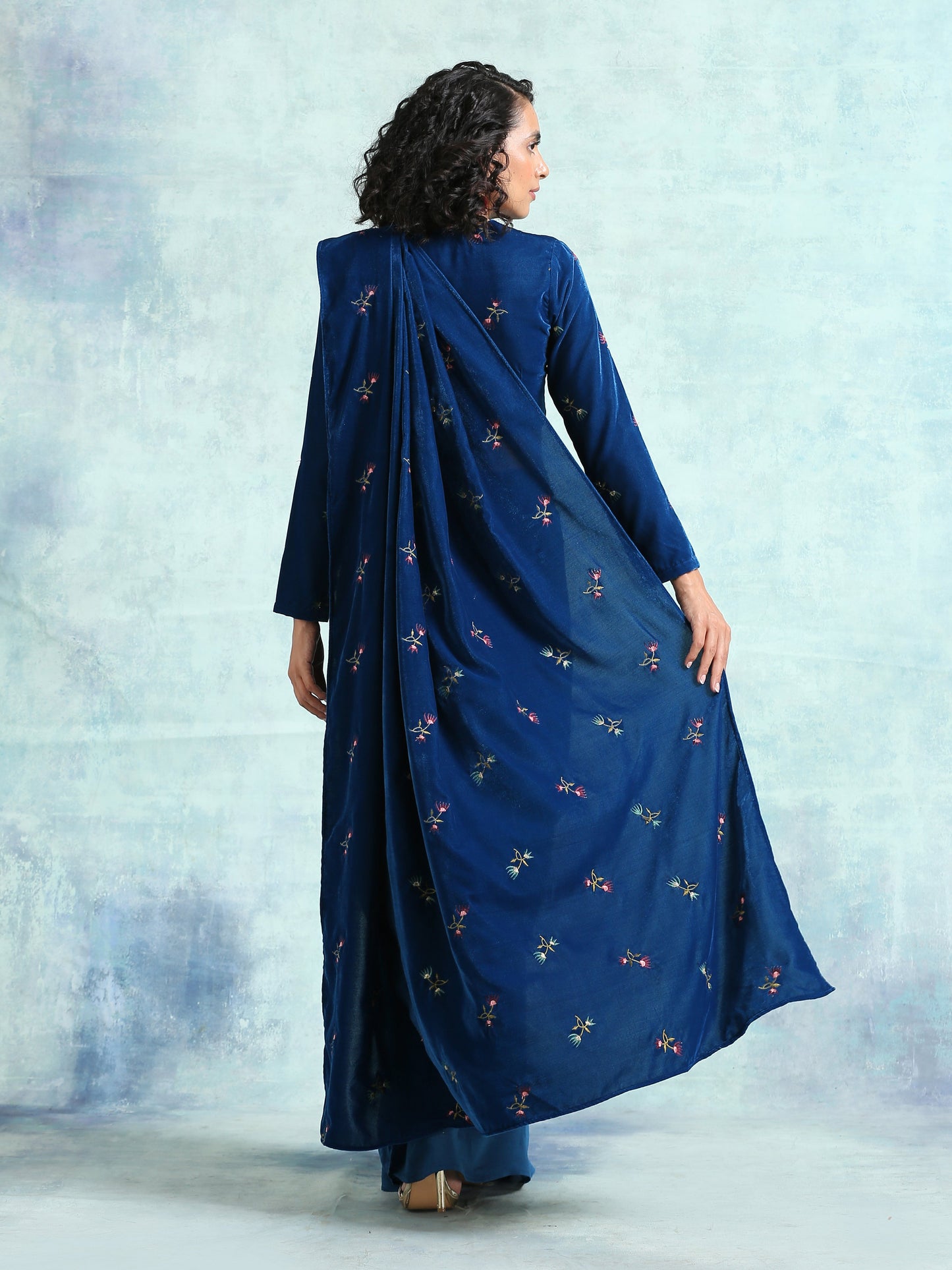 trueBrowns Blue Embroidered Velvet Ready to Wear Saree | Swadesiicart