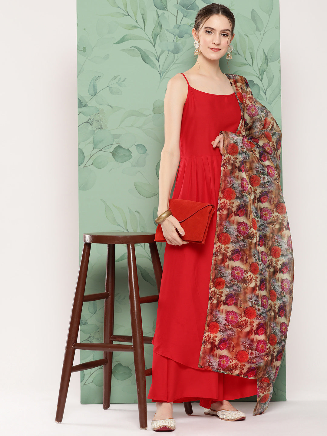 InWeave Women's Red Strappy Set W Camel Brown Or Duptta - Swadesiicart