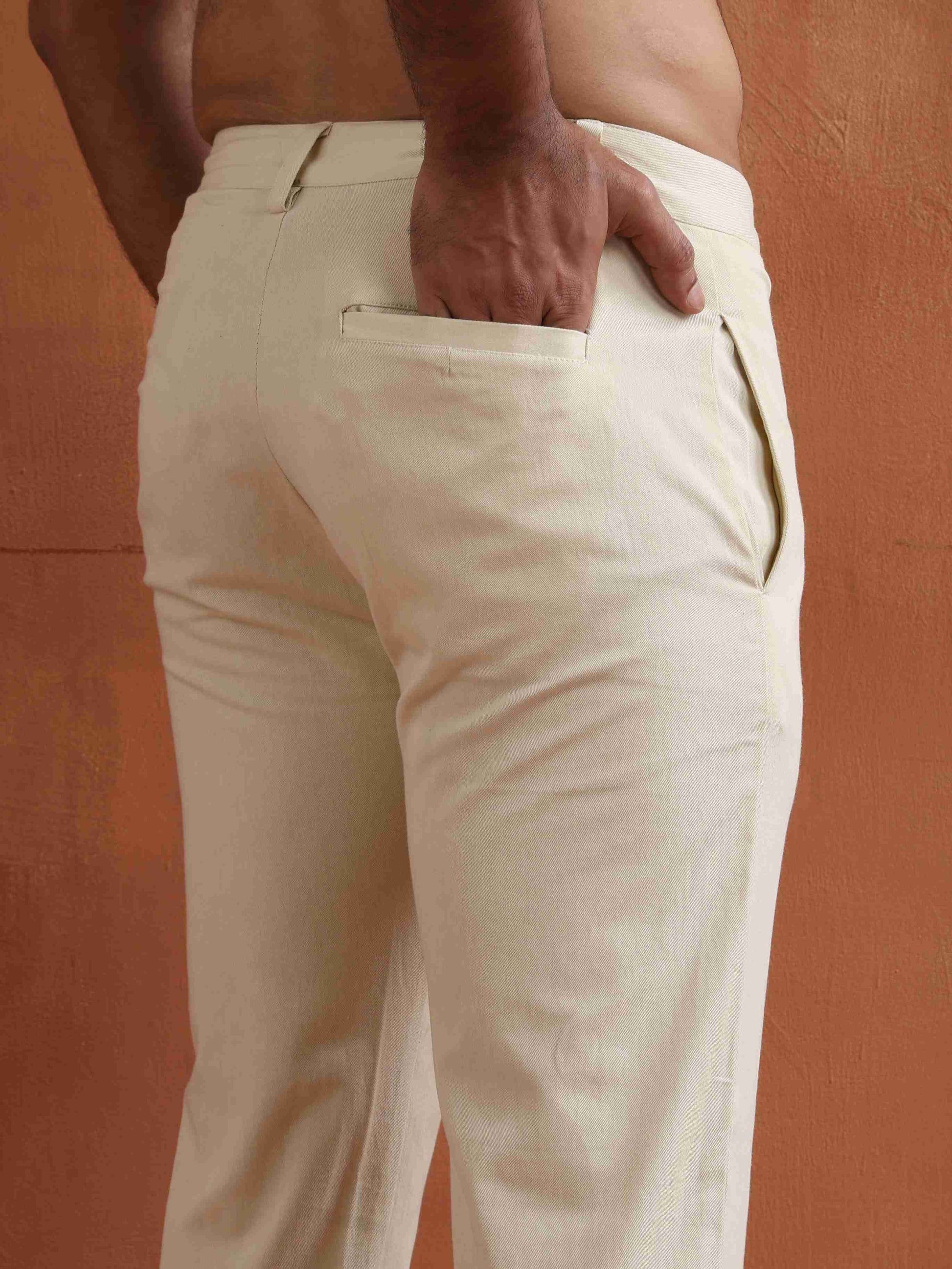 trueBrowns Men's Off White Cotton Twill Pants | Swadesiicart