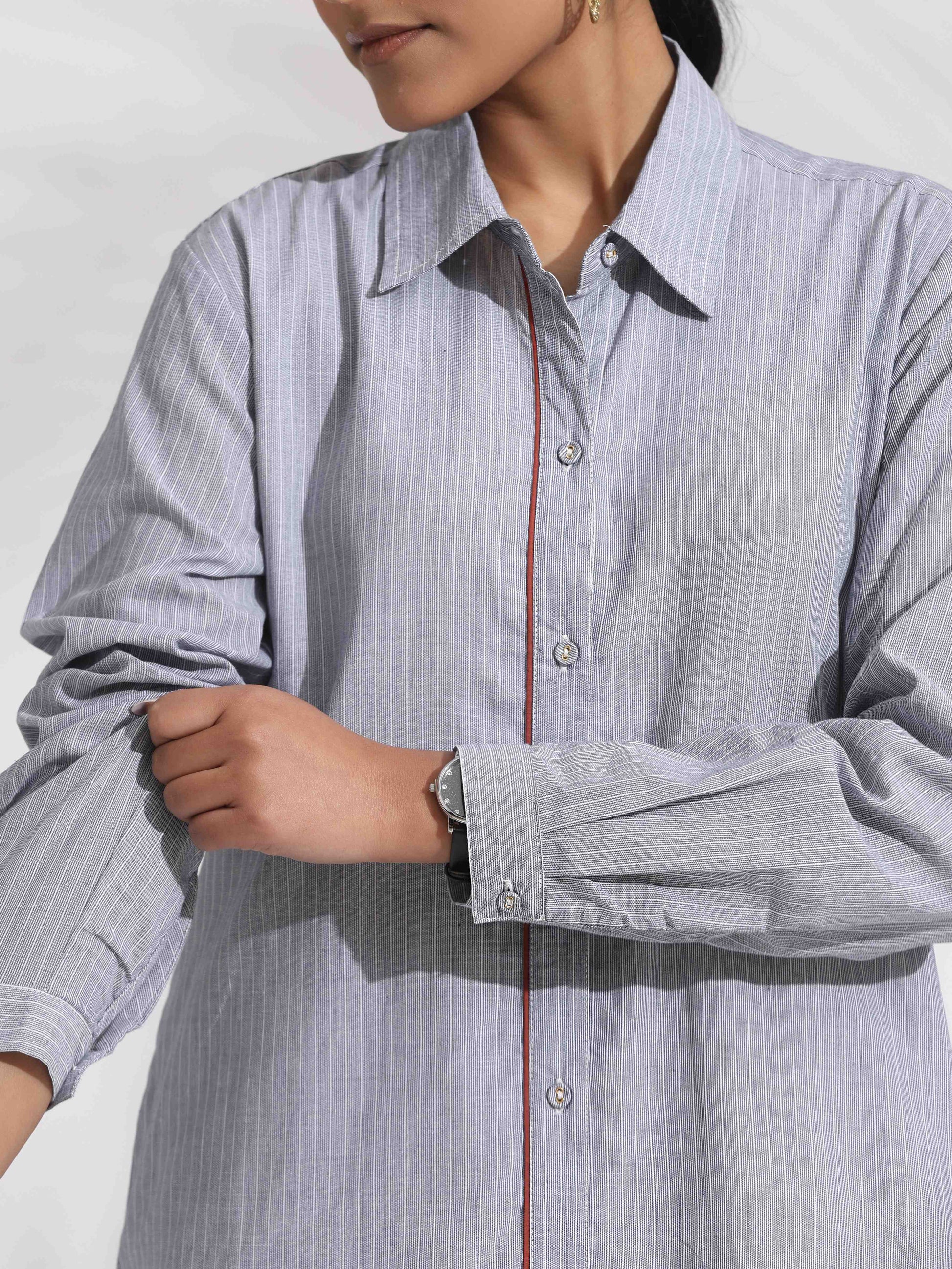 trueBrowns Grey Stripe Cotton Shirt Dress | Swadesiicart