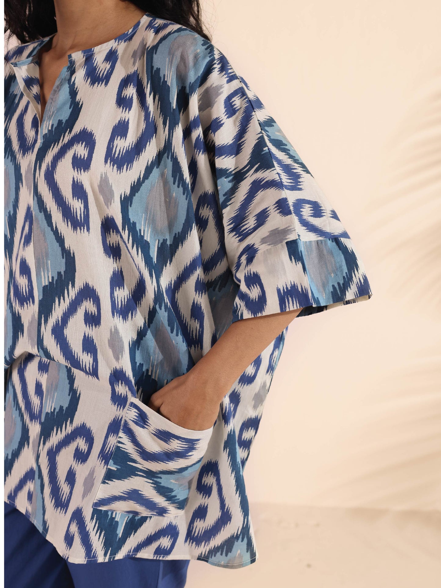 trueBrowns Blue Cotton Ikat Kaftan Co-ord Set - Swadesiicart