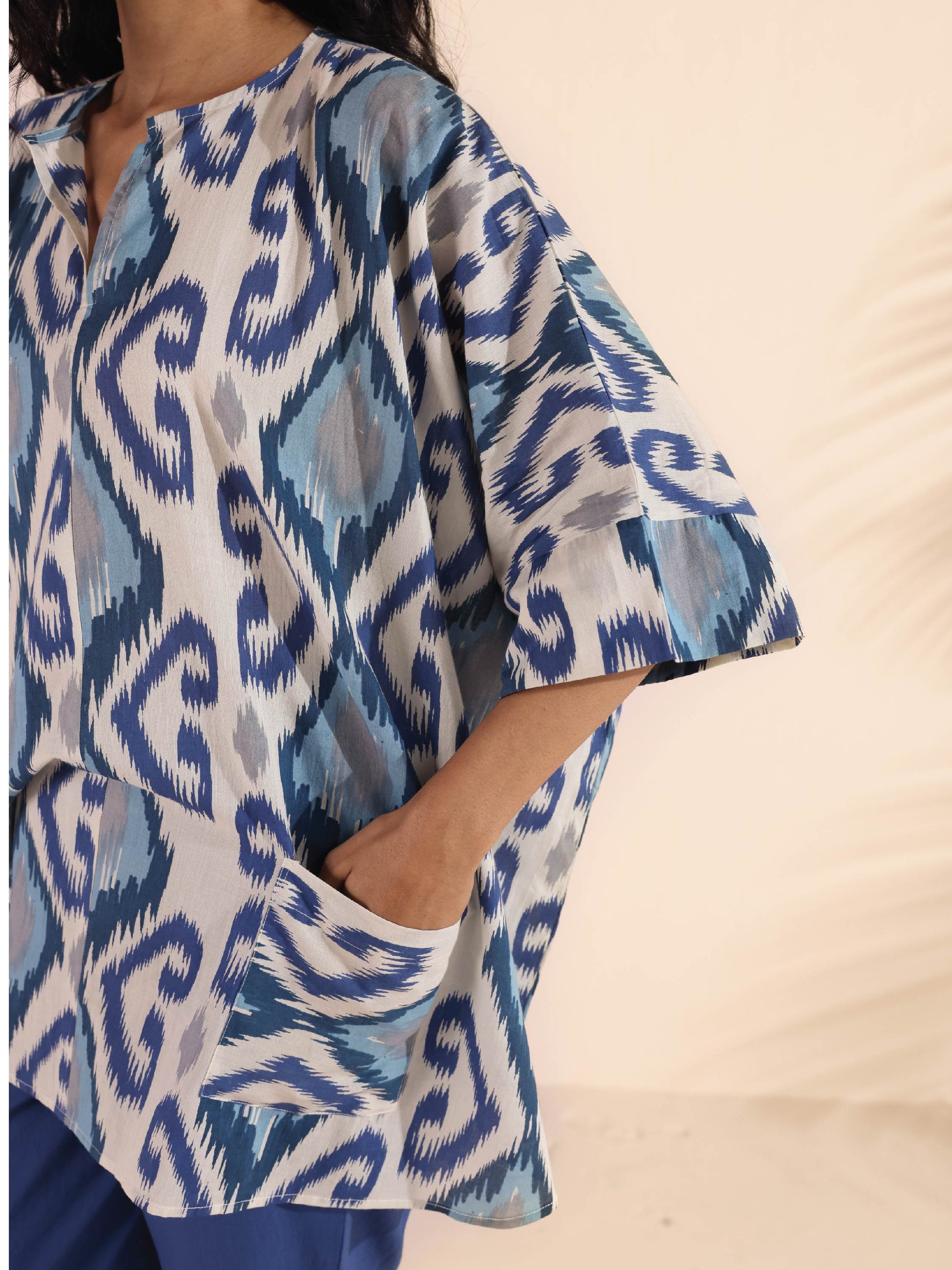 trueBrowns Blue Cotton Ikat Kaftan Co-ord Set - Swadesiicart