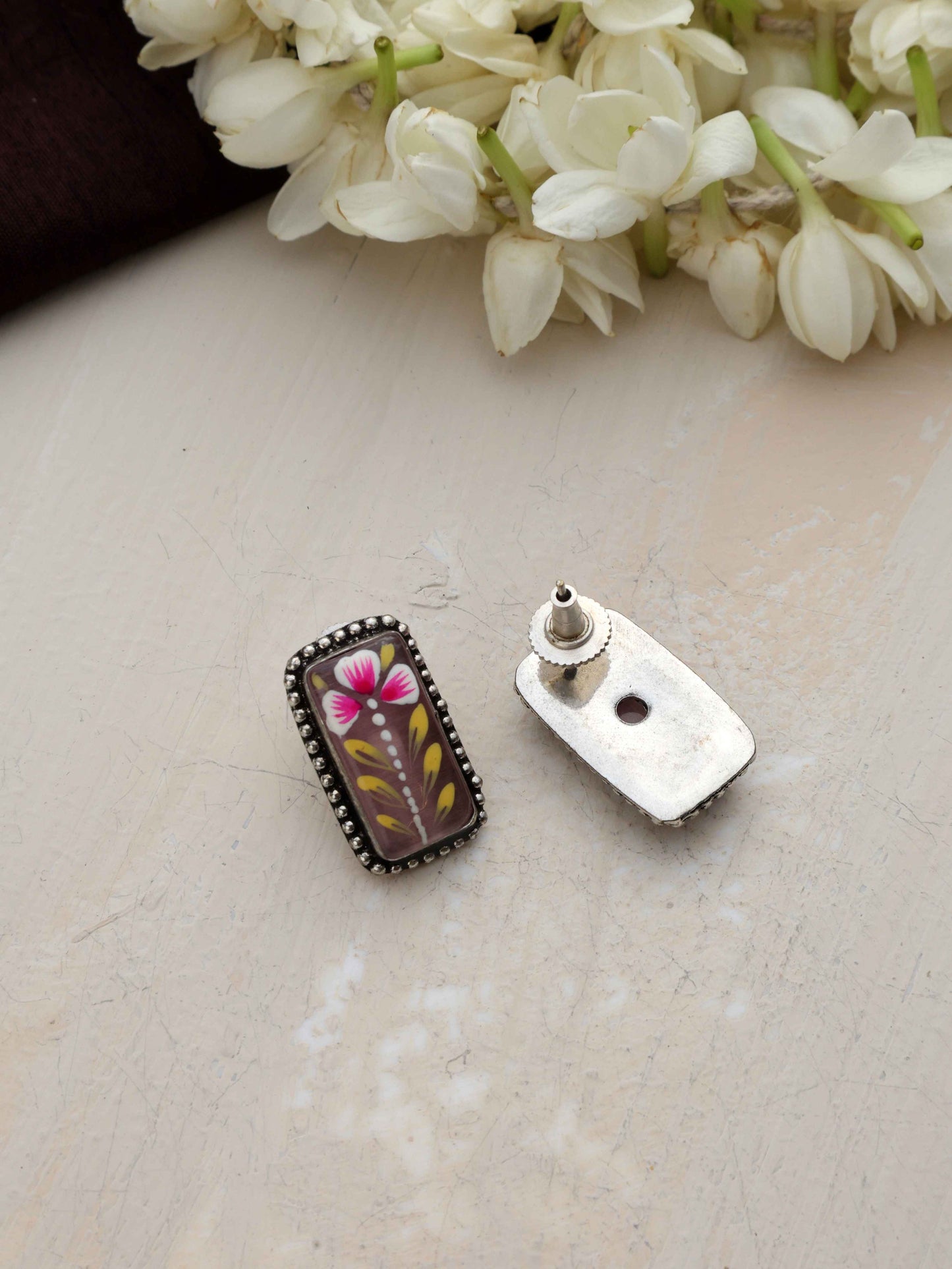 trueBrowns Silver Tone Handpainted Stud Earrings - Swadesiicart