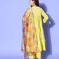InWeave Women's Lime Green Flared Kurta Set With Green Organza Dupatta - Swadesiicart