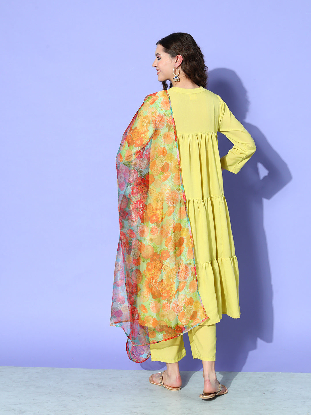 InWeave Women's Lime Green Flared Kurta Set With Green Organza Dupatta - Swadesiicart