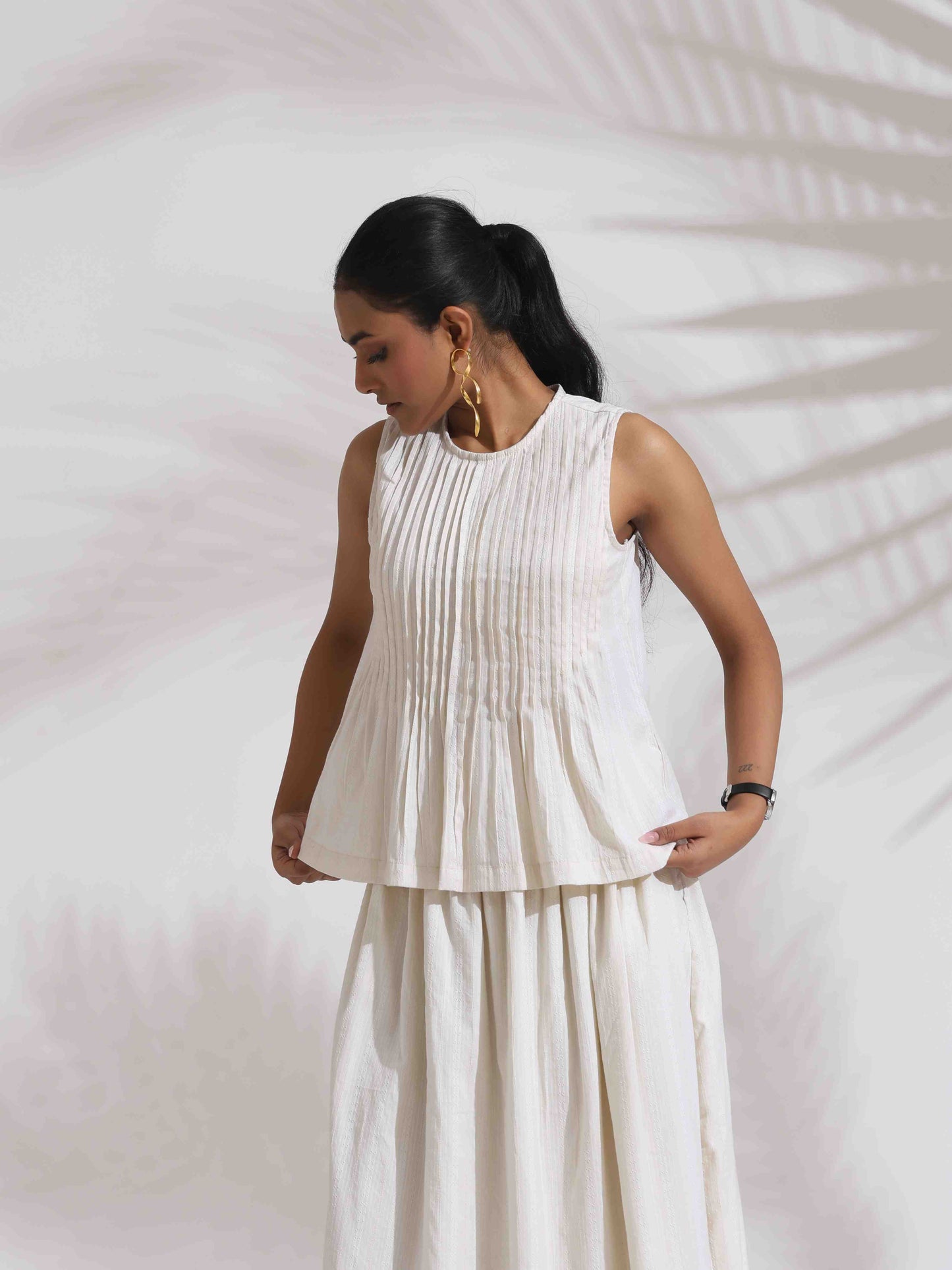 trueBrowns Off-White Cotton Skirt Co-ord Set - Swadesiicart