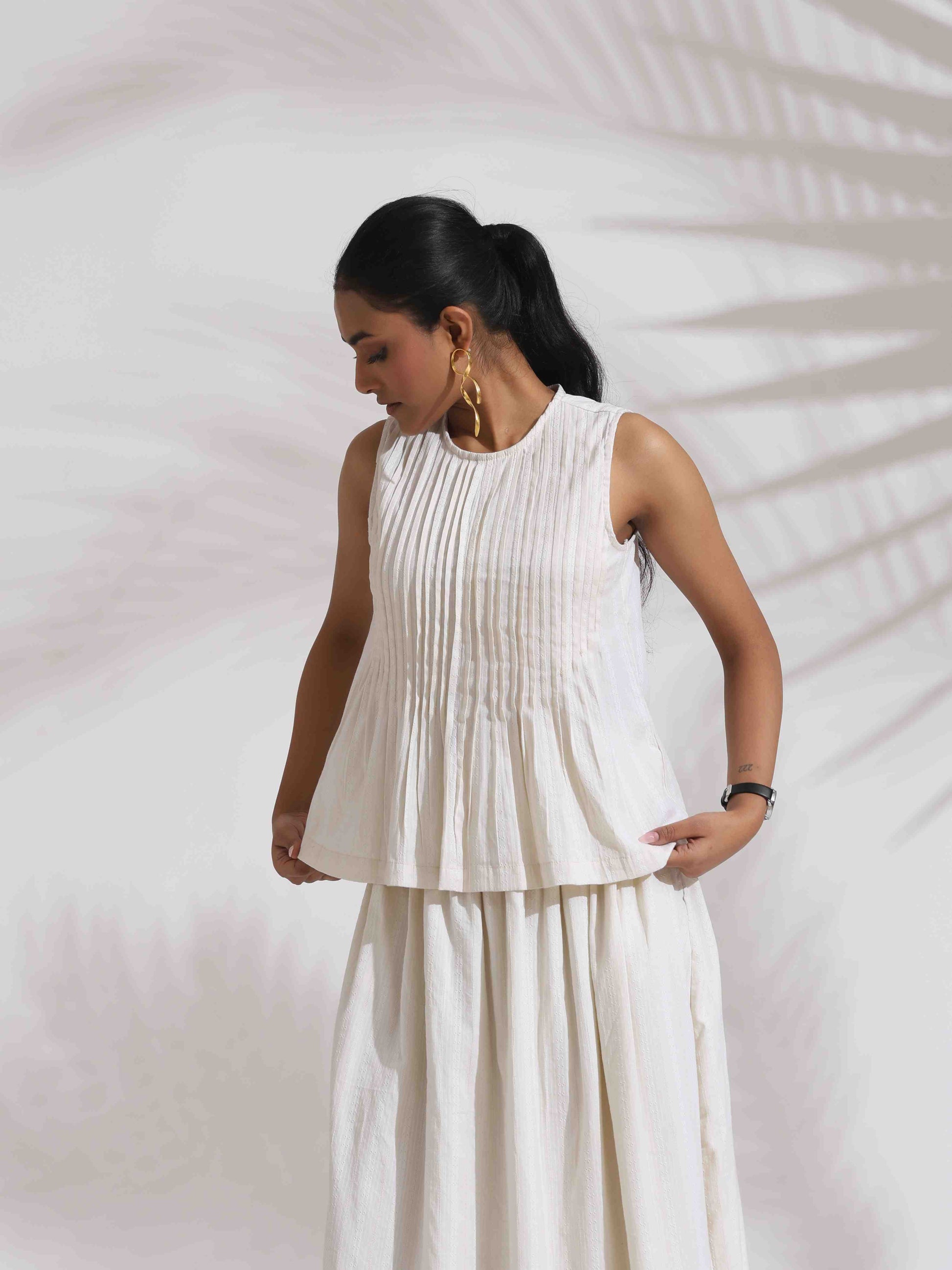 trueBrowns Off-White Cotton Skirt Co-ord Set - Swadesiicart