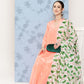 InWeave Women's Peach Tiered Kurta Set With White Pink Lotus Cr Dupatta - Swadesiicart