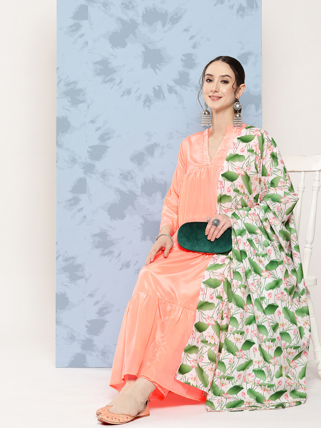 InWeave Women's Peach Tiered Kurta Set With White Pink Lotus Cr Dupatta - Swadesiicart