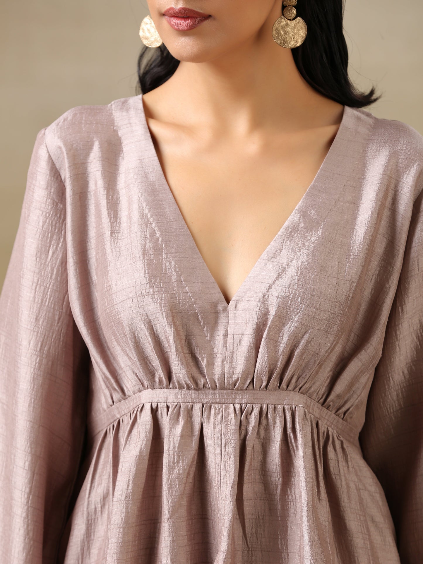 trueBrowns Grey Textured Silk Deep V-Neck Co-Ord Set - Swadesiicart