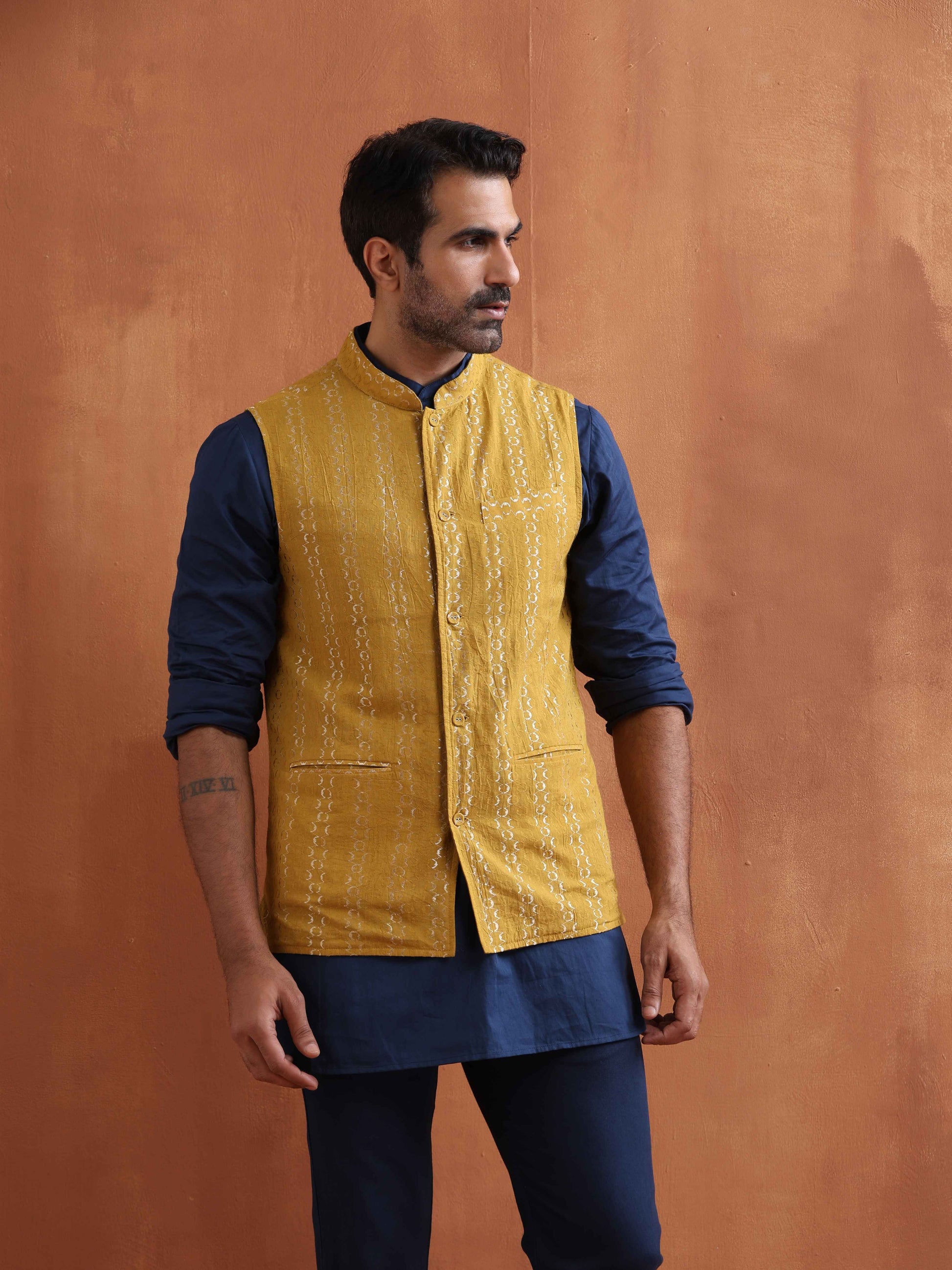 trueBrowns Men's Mustard Cotton Dobby Reversible Nehru Jacket | Swadesiicart