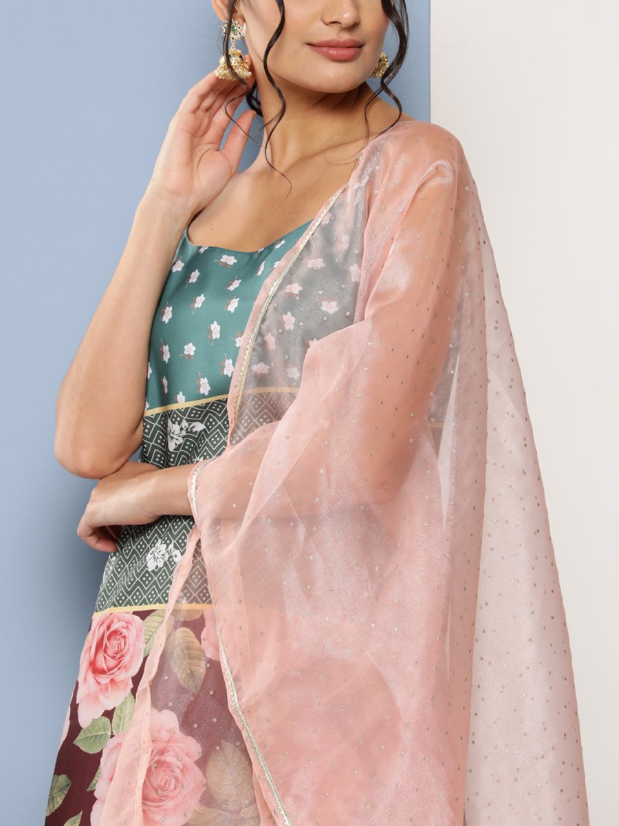 Ahalyaa Women Green Floral Printed Gotta Patti Kurta with Sharara & With Dupatta | Swadesiicart