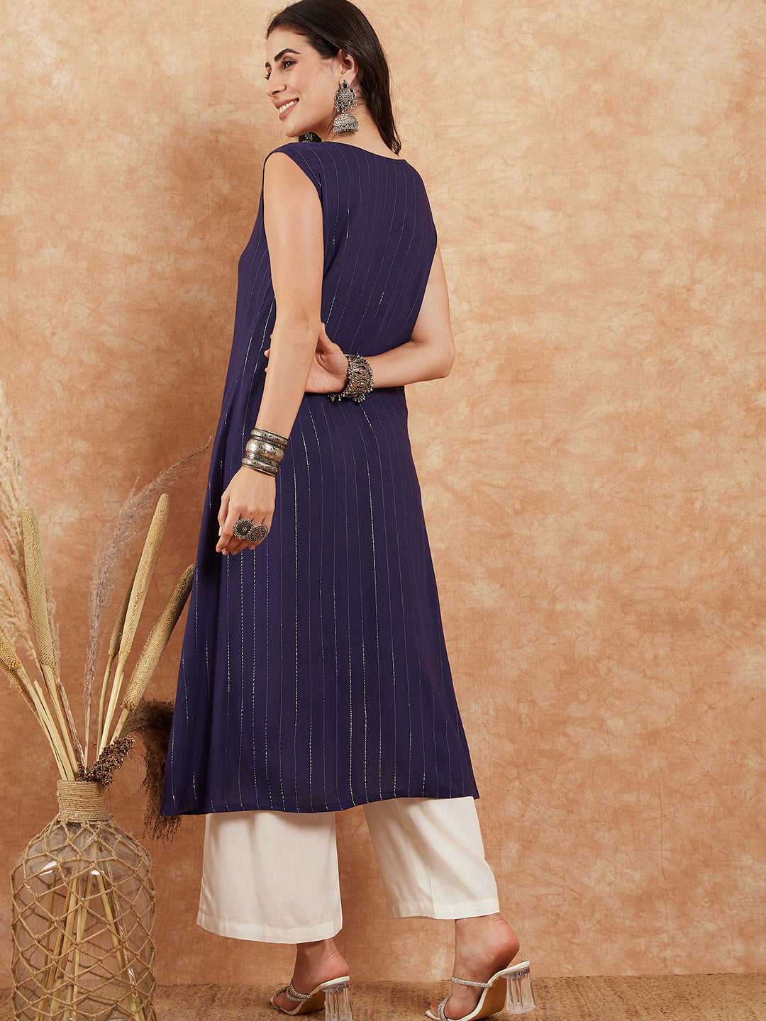 InWeave Royal Blue Lurex V-Neck W/S Front Slit Kurta Pant Set - Swadesiicart