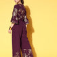 Ahalyaa Burgundy & Gold-Toned Bell Sleeves Printed Ethnic Jumpsuit With Waist Tie-Ups | Swadesiicart