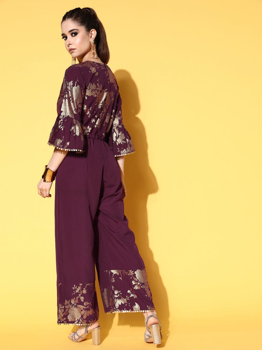 Ahalyaa Burgundy & Gold-Toned Bell Sleeves Printed Ethnic Jumpsuit With Waist Tie-Ups | Swadesiicart