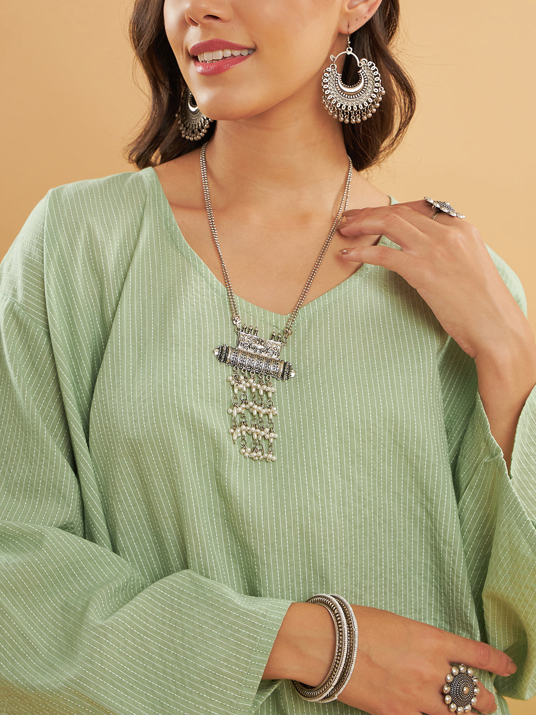 InWeave Women's Sage Green Kantha Boho Full Sleeve Coord Set - Swadesiicart