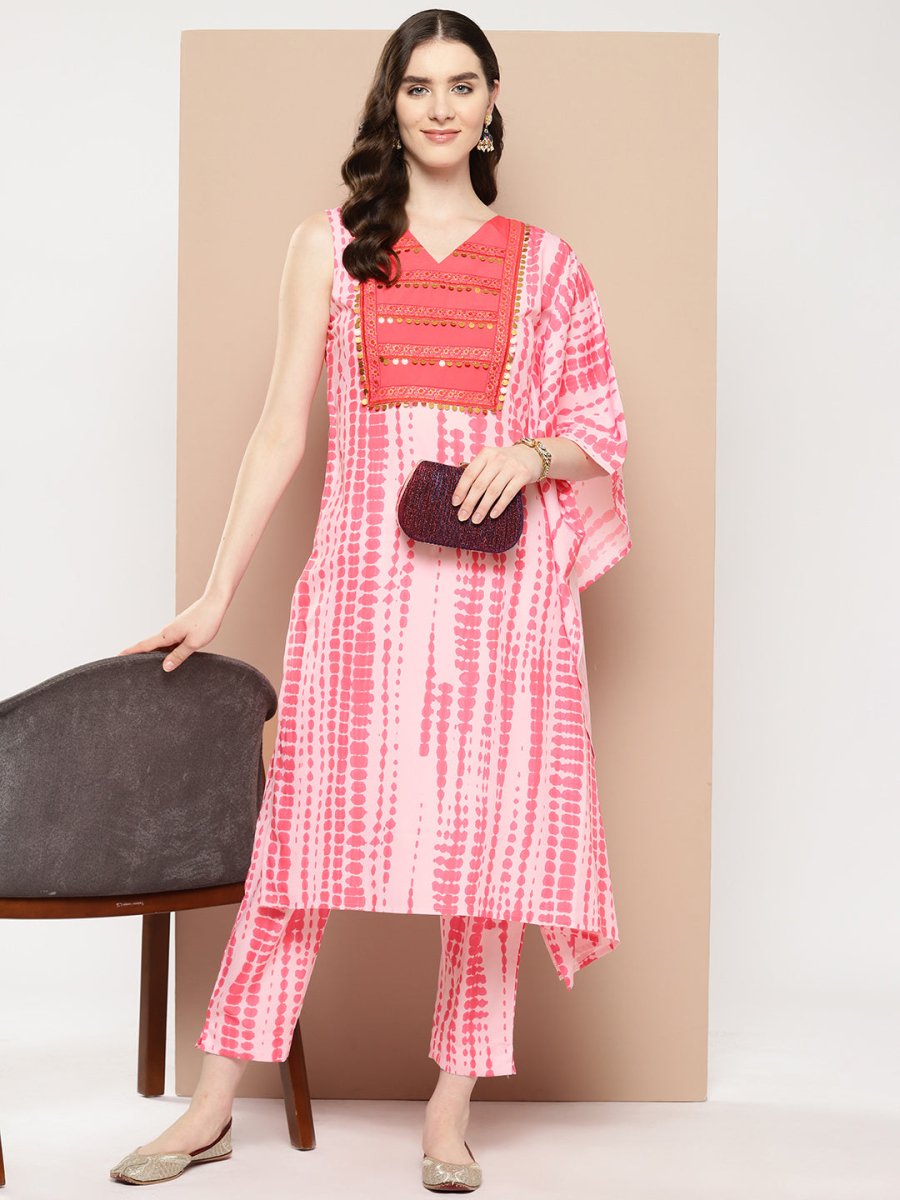 Ahalyaa Printed One-Shoulder Flared Sleeve Sequinned Kurta with Trousers | Swadesiicart