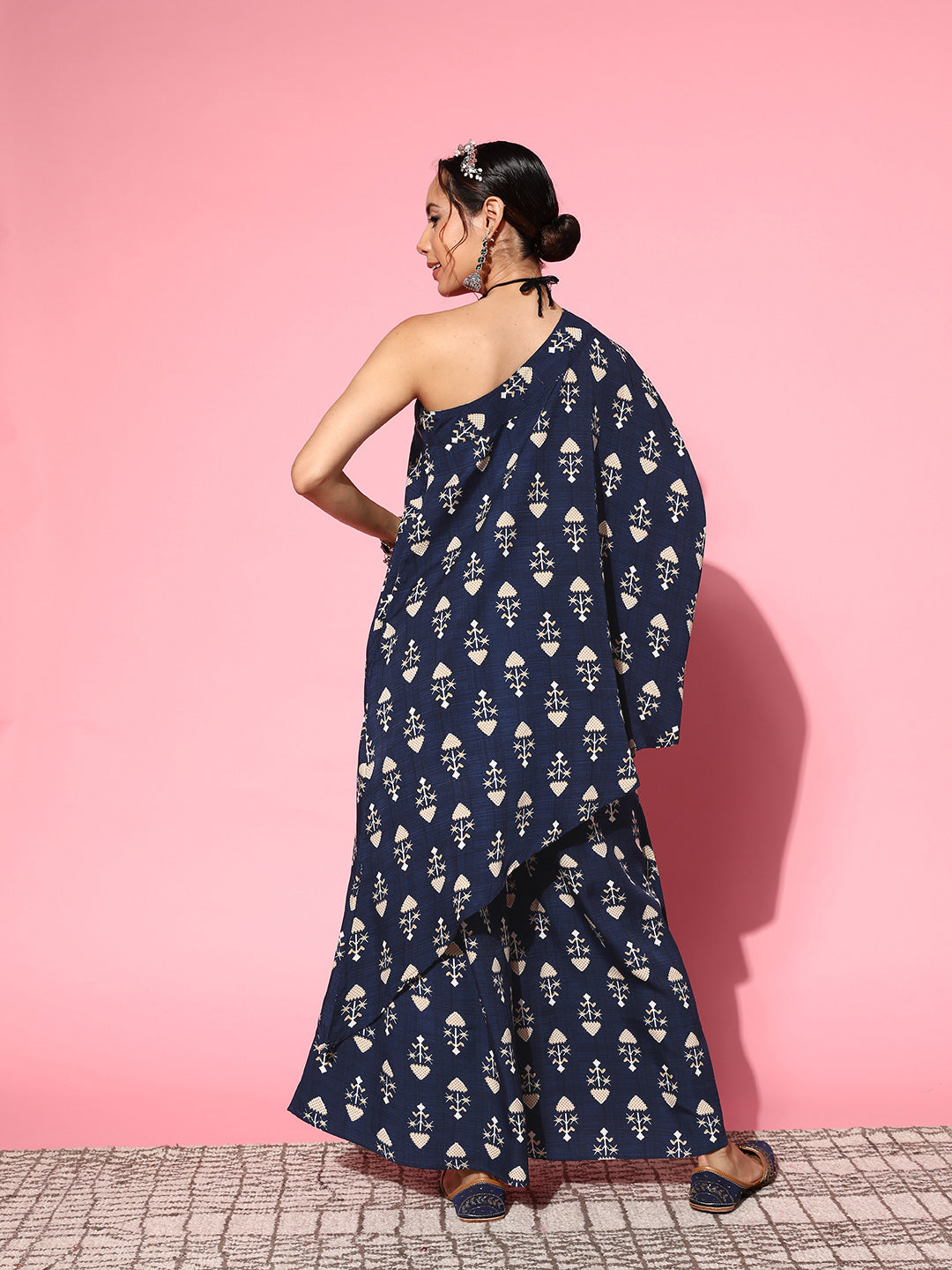 InWeave Women's Blue Boota One Shoulder Top With Palazzo Set - Swadesiicart
