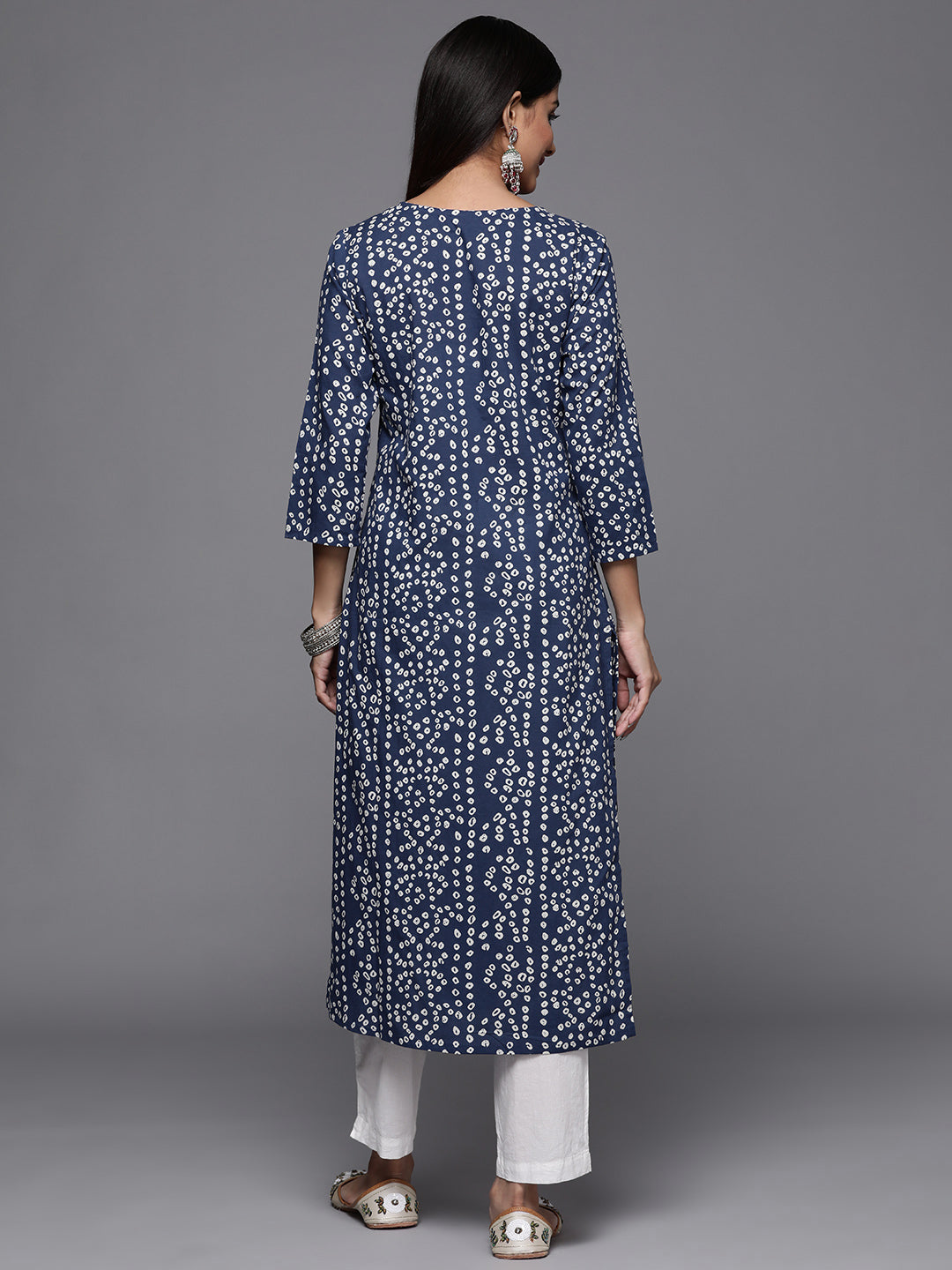Indian Clothing Varanga Blue Bandhani Print Embroidered Kurta Has Round Neck - Swadesiicart
