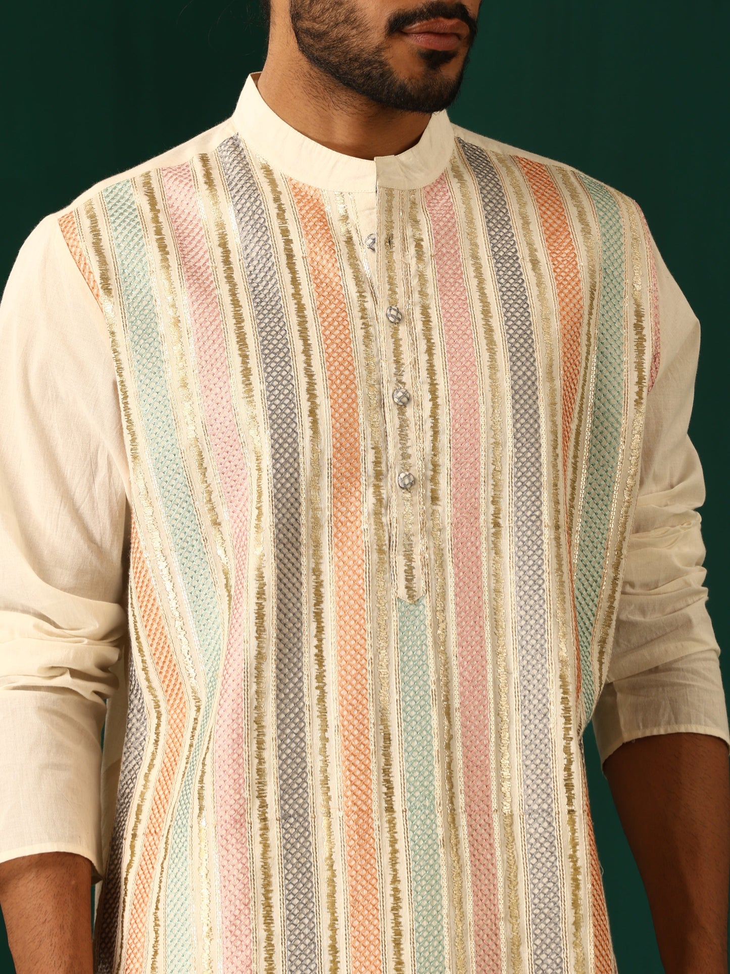 trueBrowns Men's Ivory Multi Colour Striped Cotton Kurta | Swadesiicart