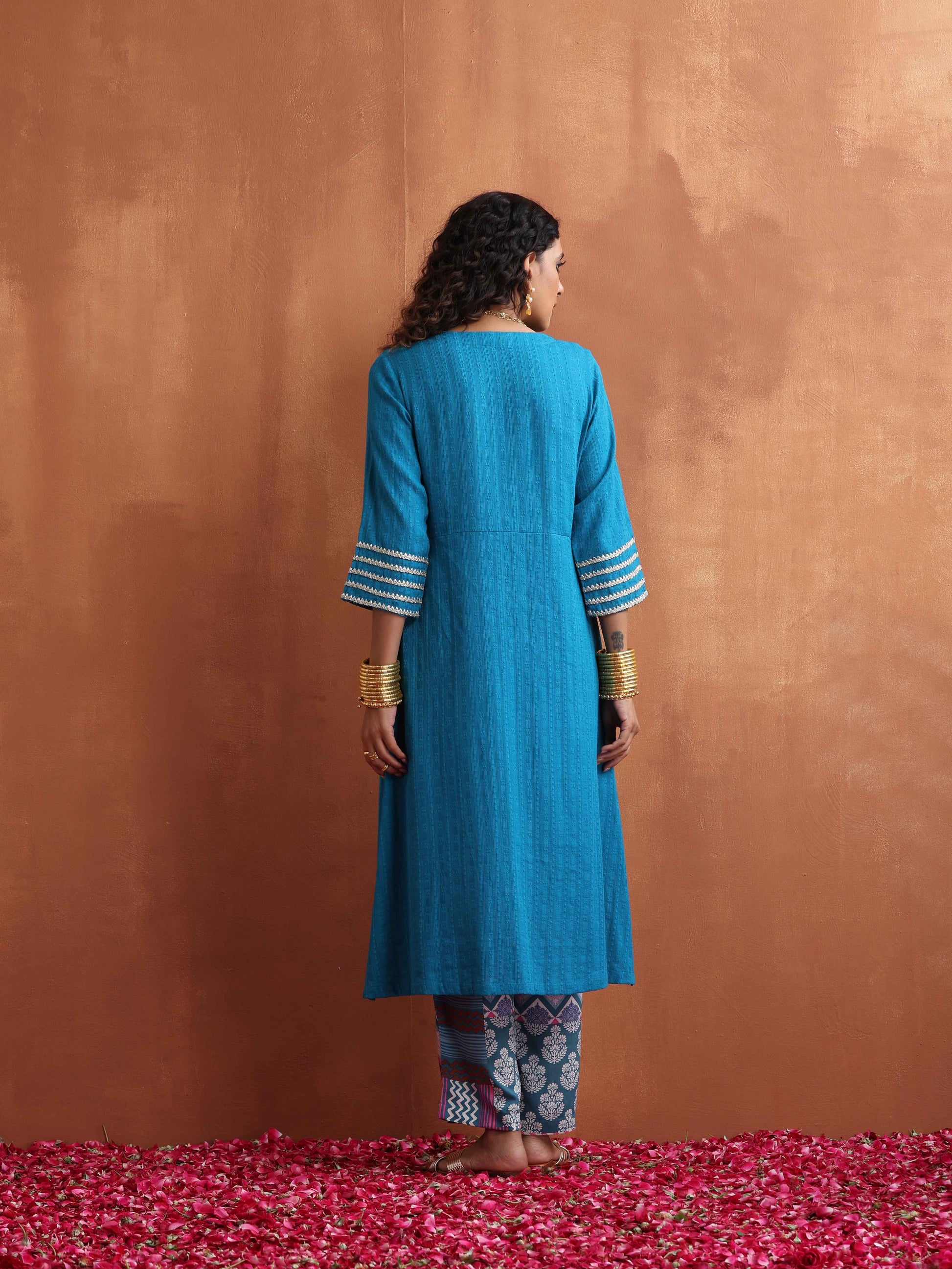 trueBrowns Blue Cotton Flared Anarkali Kurta Set | Swadesiicart