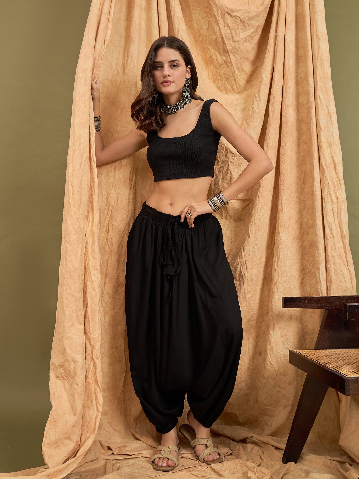 InWeave Black Solid Harem Pant - Swadesiicart