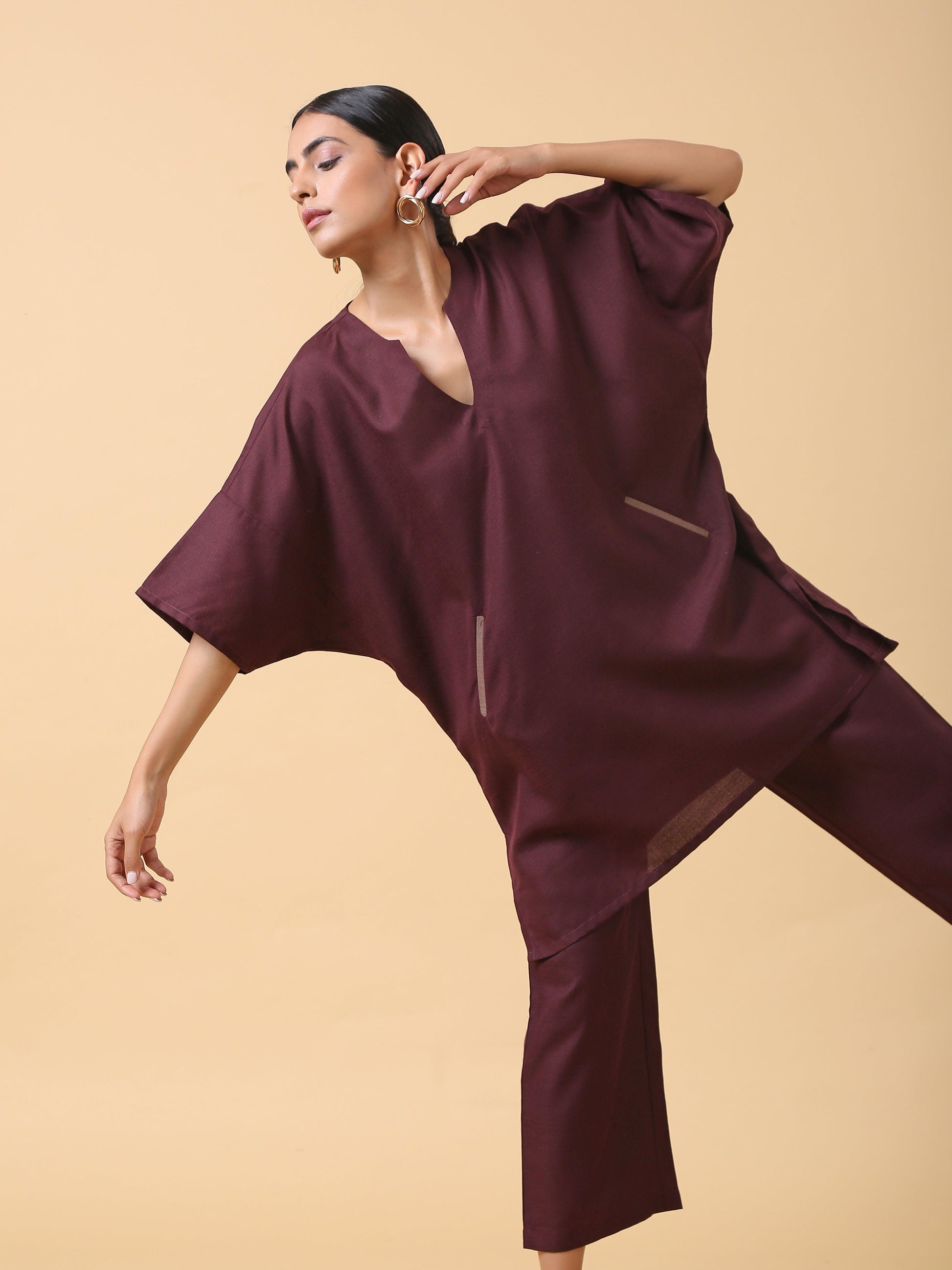 trueBrowns Cotton Linen Purple Boxy Fit Co-Ord Set - Swadesiicart