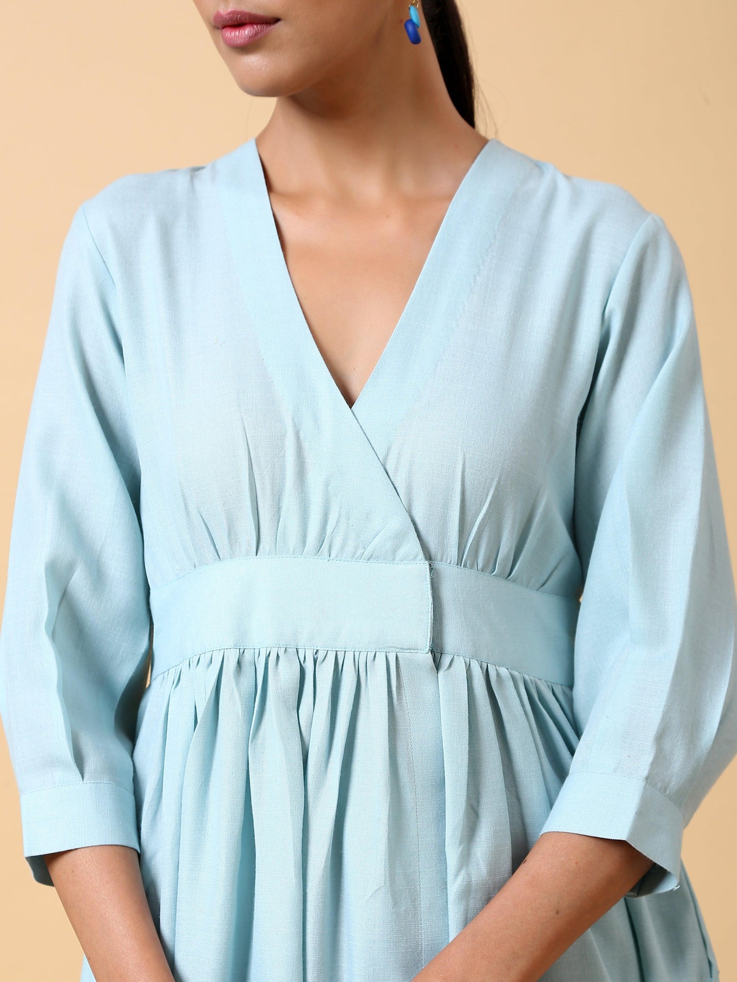 trueBrowns Cotton Linen Light Blue Wrap Dress | Swadesiicart