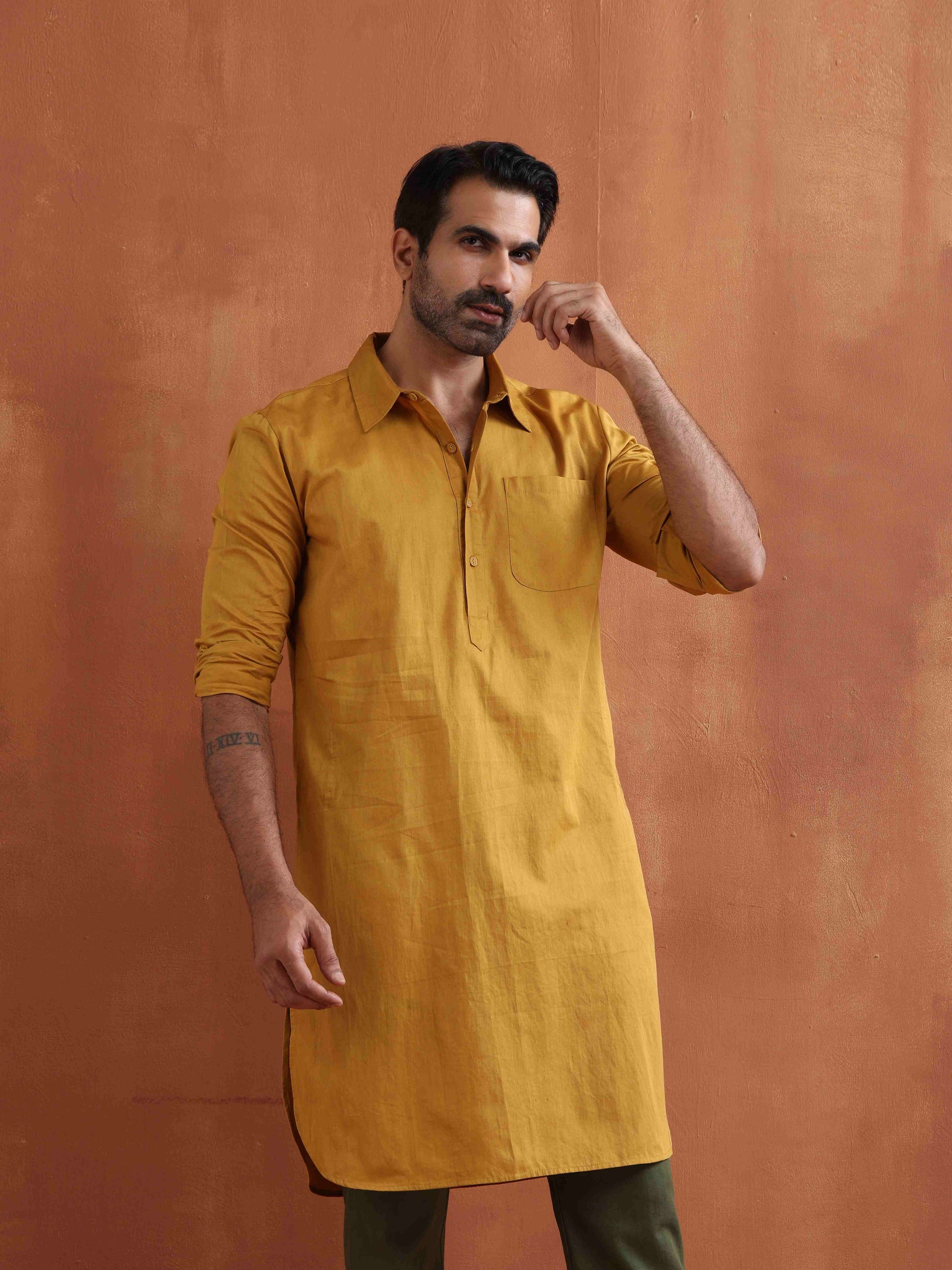 trueBrowns Men's Mustard Cotton Kurta | Swadesiicart