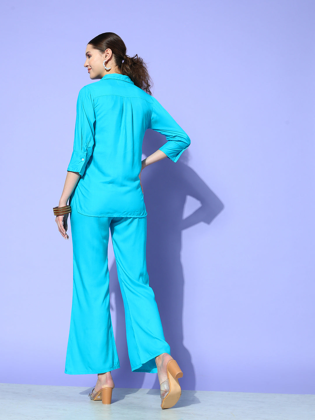 InWeave Women's Aqua Blue Coord Set With Solid Lime Green Crop Top - Swadesiicart