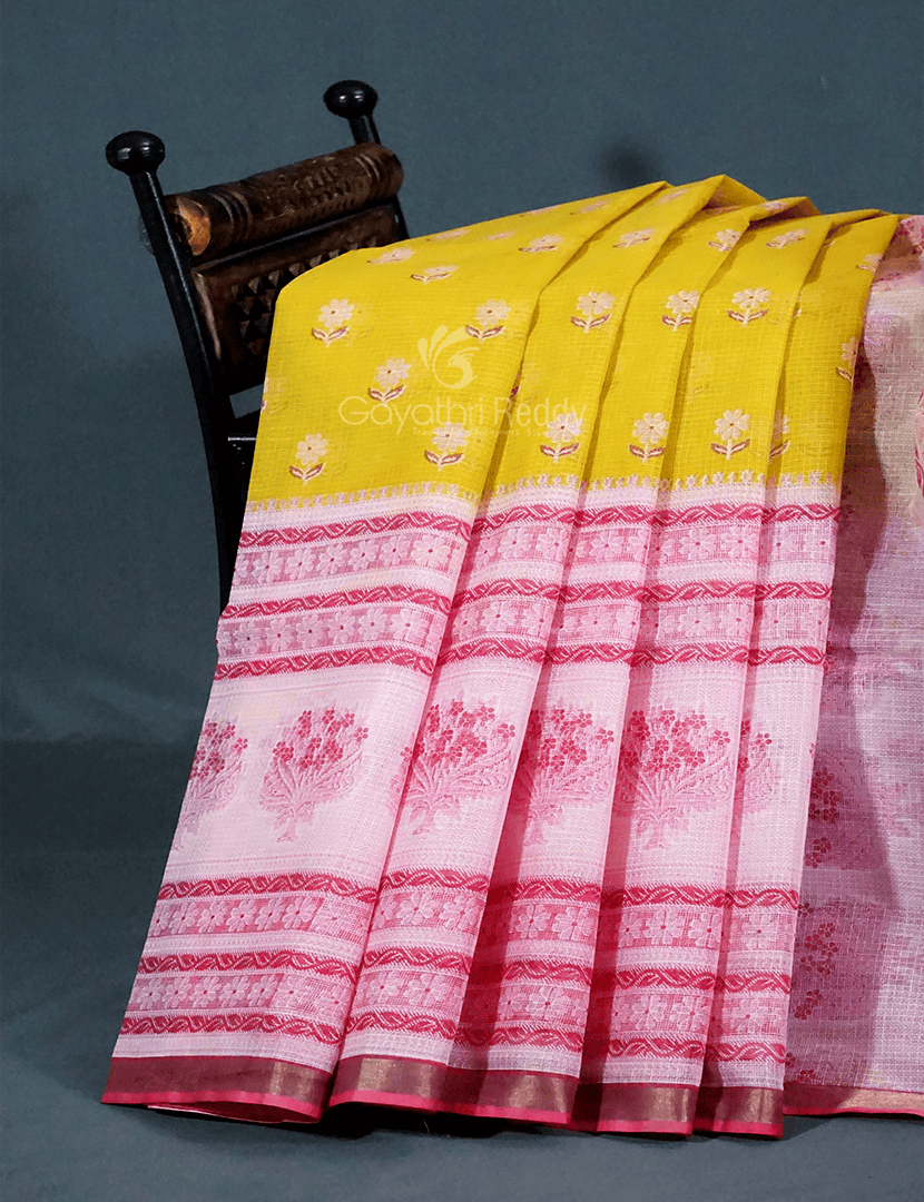 Yellow And Pink Colour Block Print Pure Kota Cotton Saree By Gayathri Reddy Designer Studio | Swadesiicart