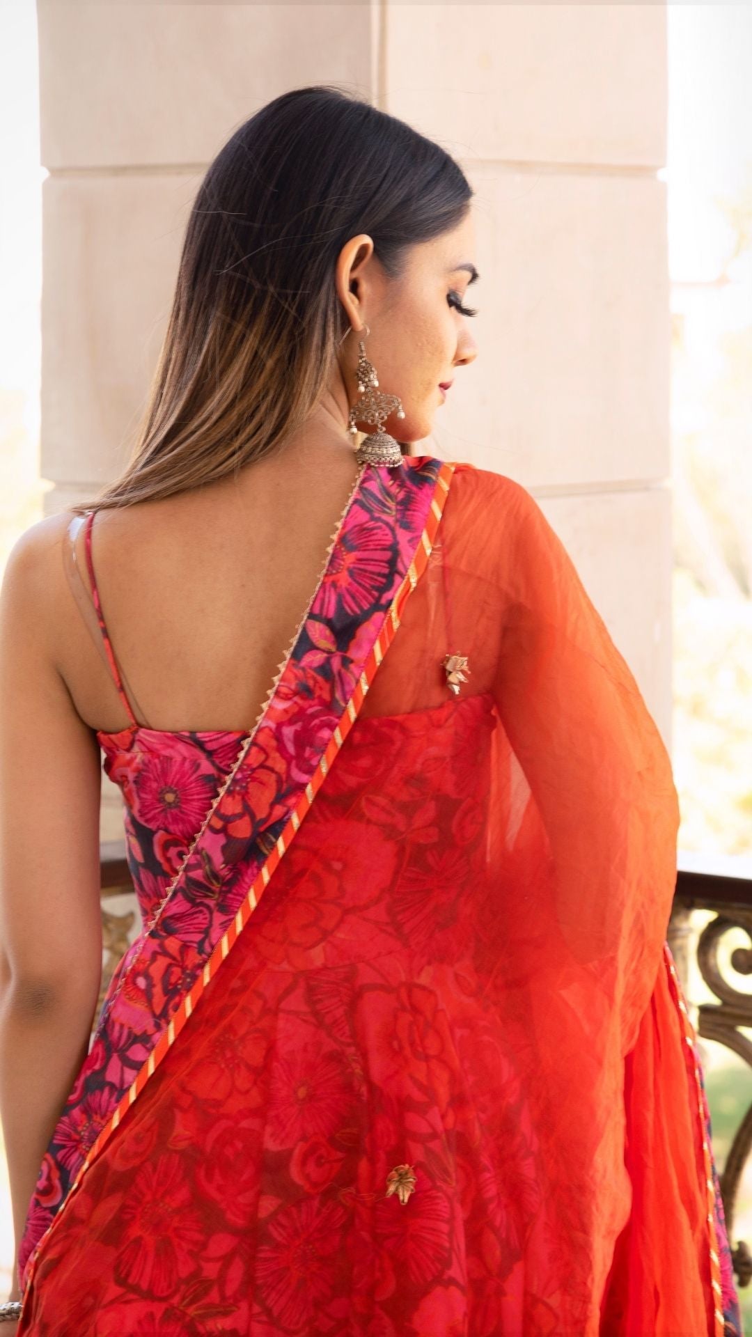 Pomcha Jaipur Tara Orange Printed Anarkali Set | Swadesiicart