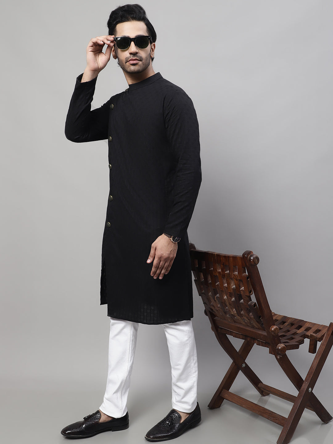Even Apparels Black Sherwani Kurta With Asymetrical Cut | Swadesiicart
