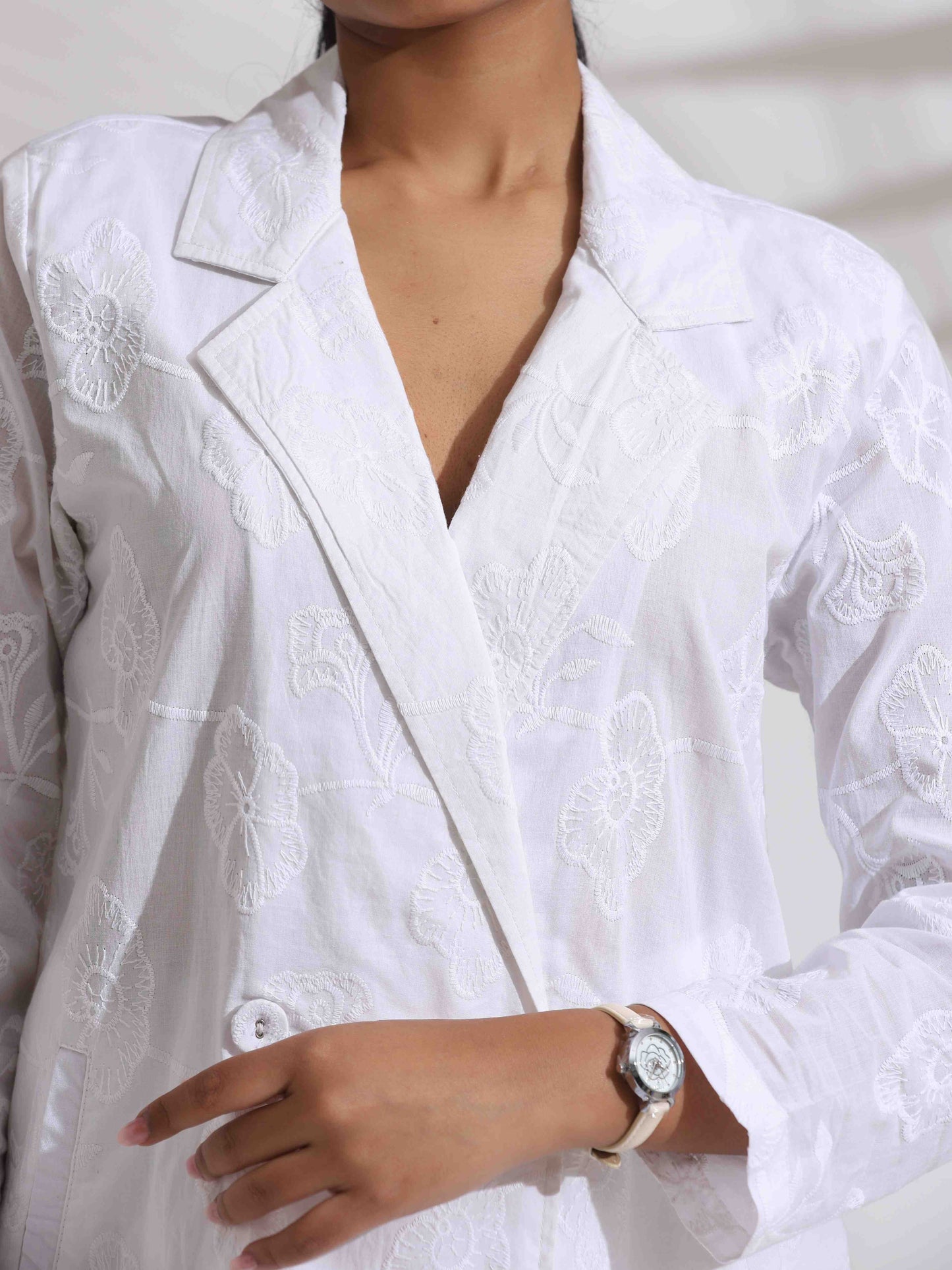 trueBrowns White Cotton Schiffli Jacket Co-ord Set - Swadesiicart