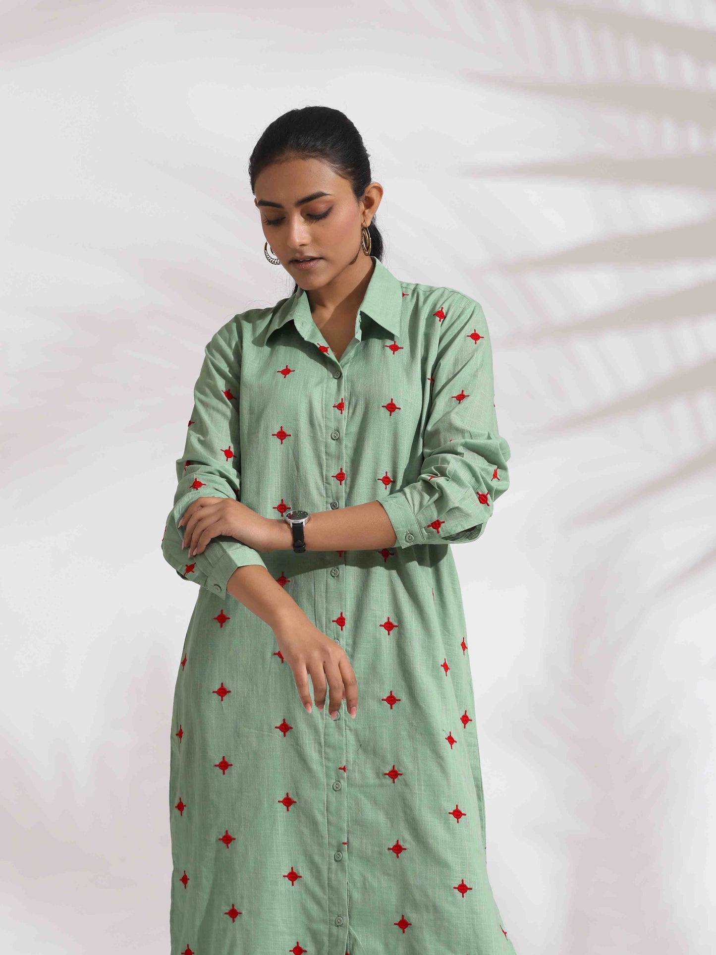 trueBrowns Green Cotton Embroidered Shirt Dress | Swadesiicart