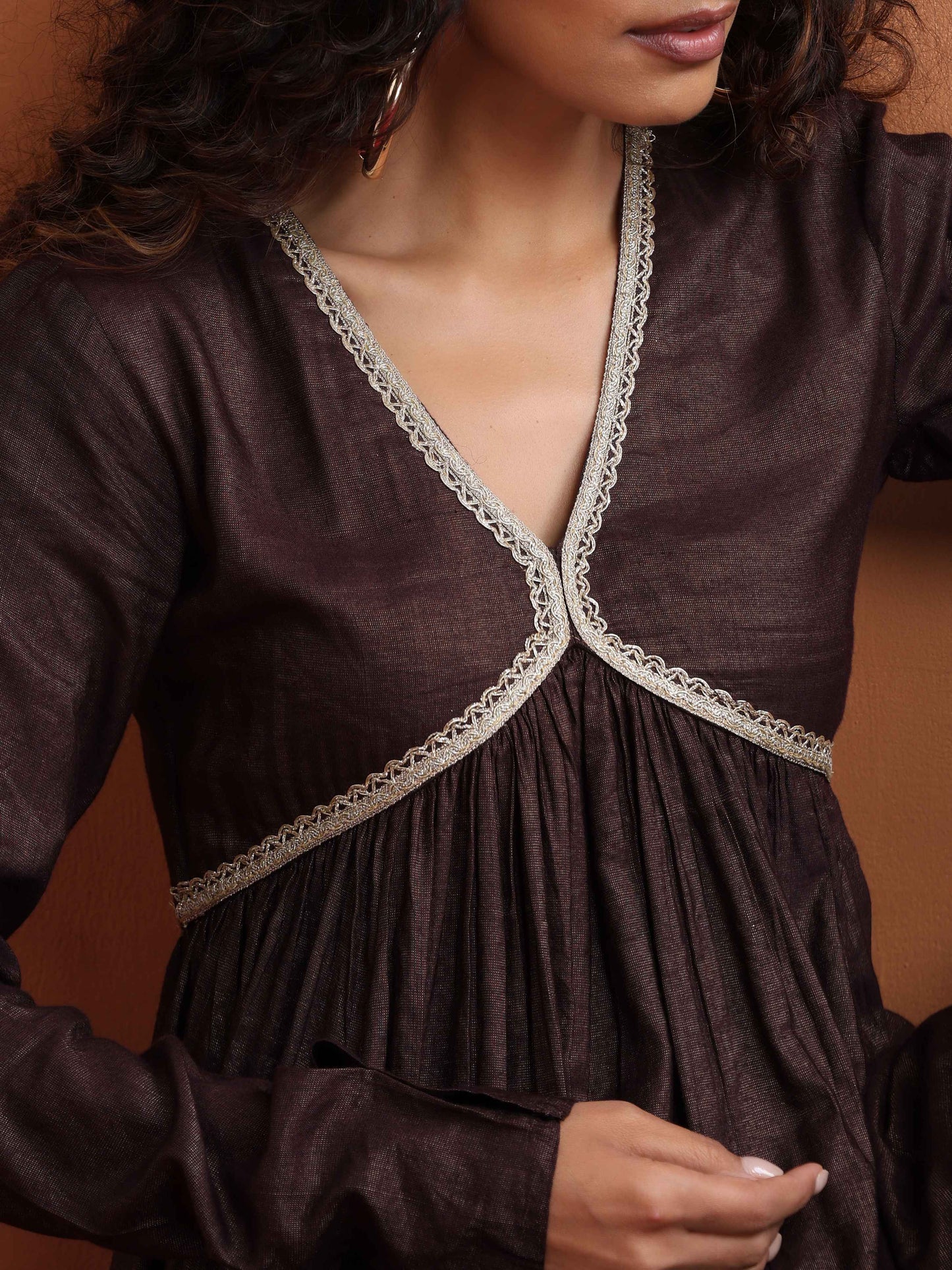 trueBrowns Brown Metallic Flared Anarkali Kurta Set | Swadesiicart