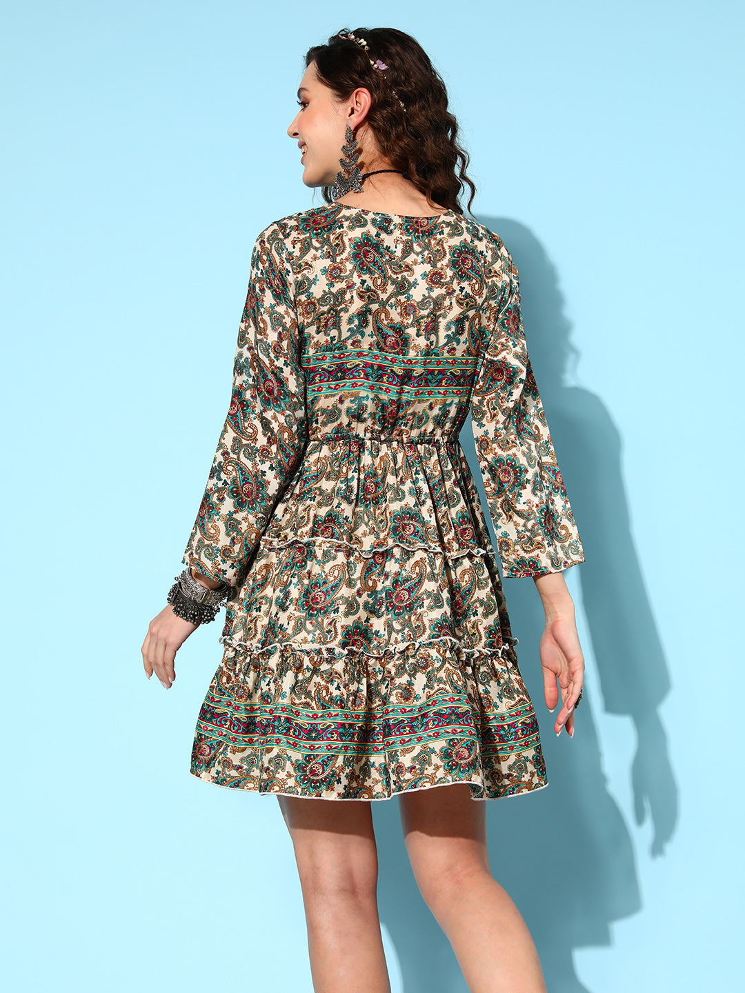 InWeave Women's Off White Green Paisley Print Tiered Dress - Swadesiicart
