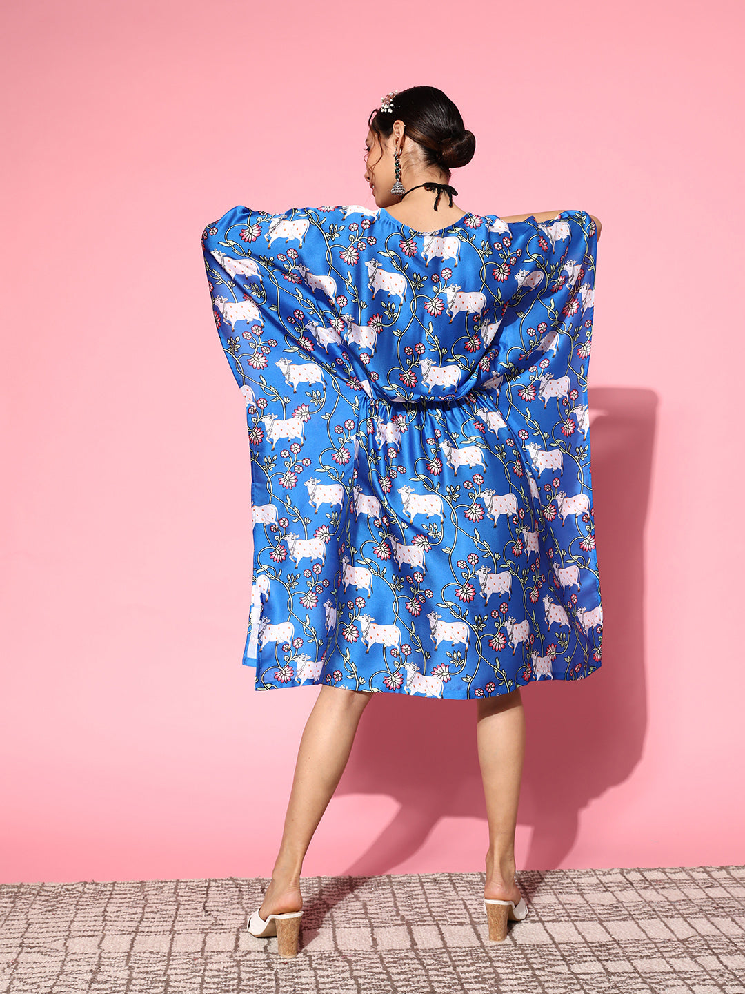 InWeave Women's Ink Blue Indian Bull Print Kaftan - Swadesiicart